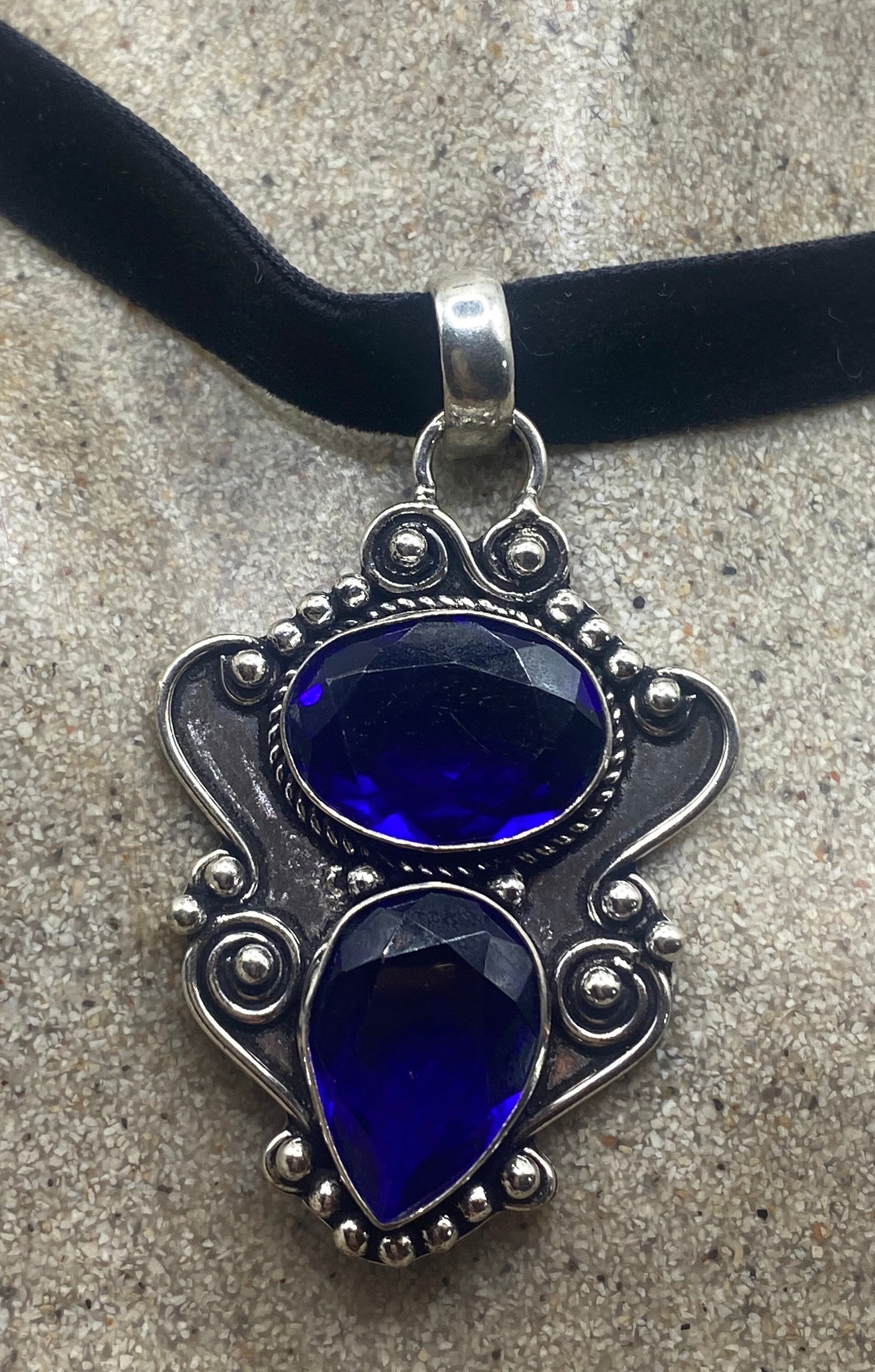 Vintage Indigo Blue Glass Black Velvet Choker Necklace