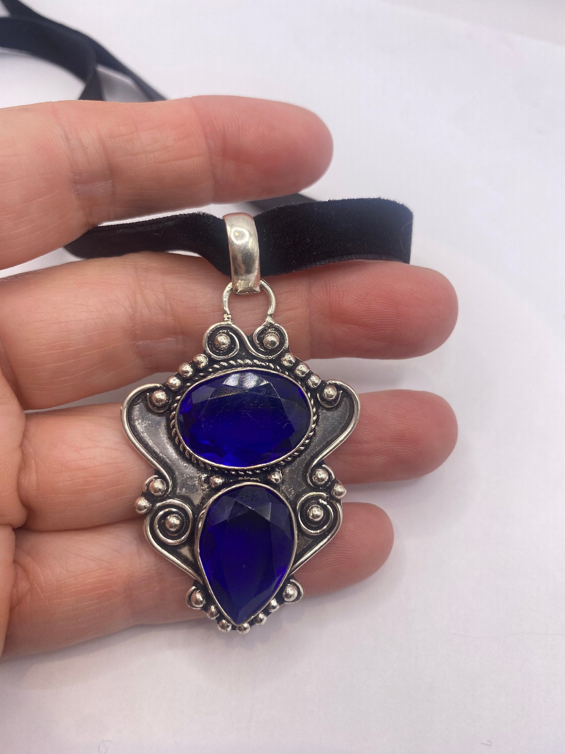 Vintage Indigo Blue Glass Black Velvet Choker Necklace