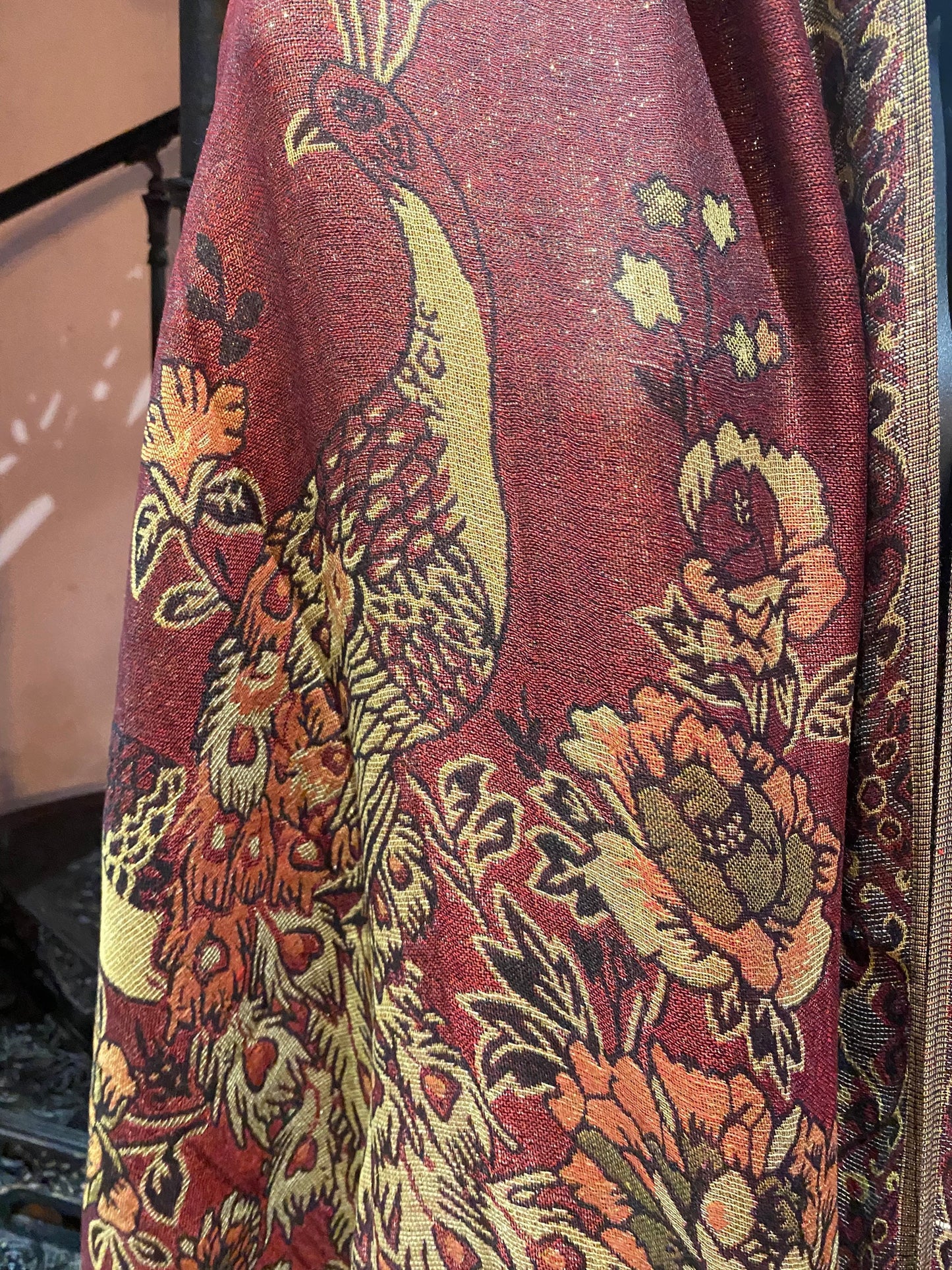 Vintage Burgundy Peacock Brocade Pashmina Scarf Wrap Shawl