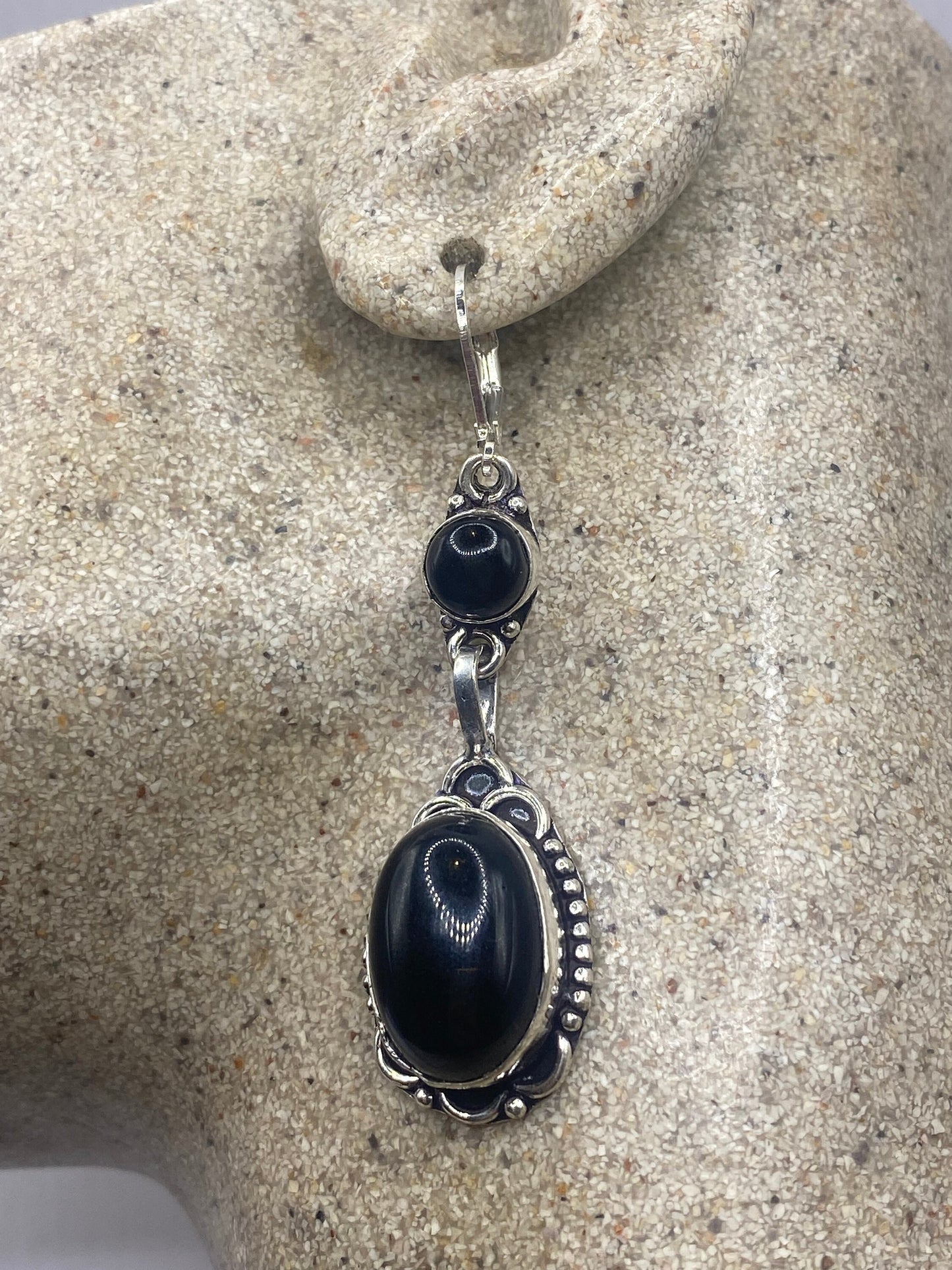 Vintage Black Onyx Sterling Silver Deco Dangle Liver back Earrings