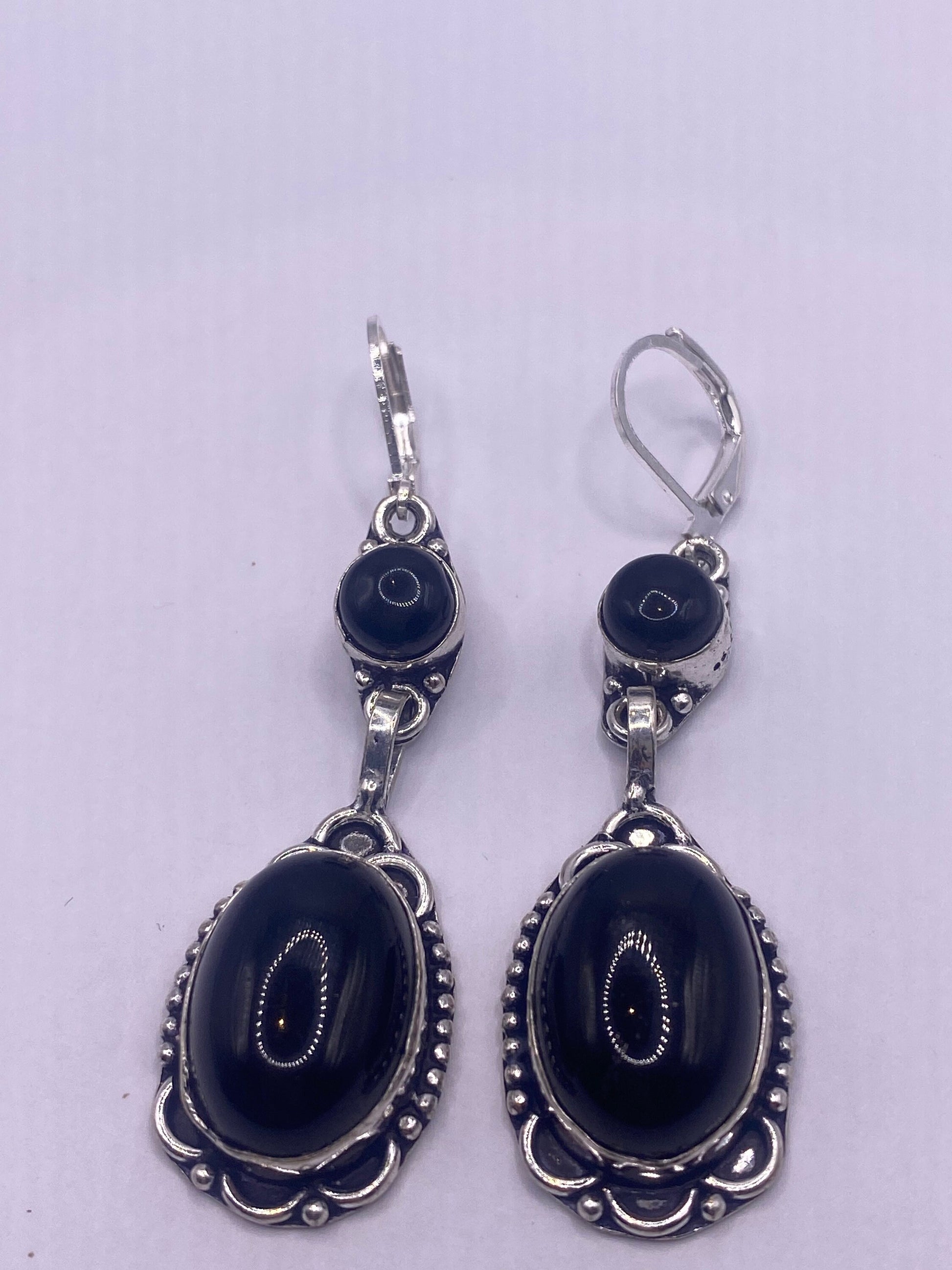 Vintage Black Onyx Sterling Silver Deco Dangle Liver back Earrings