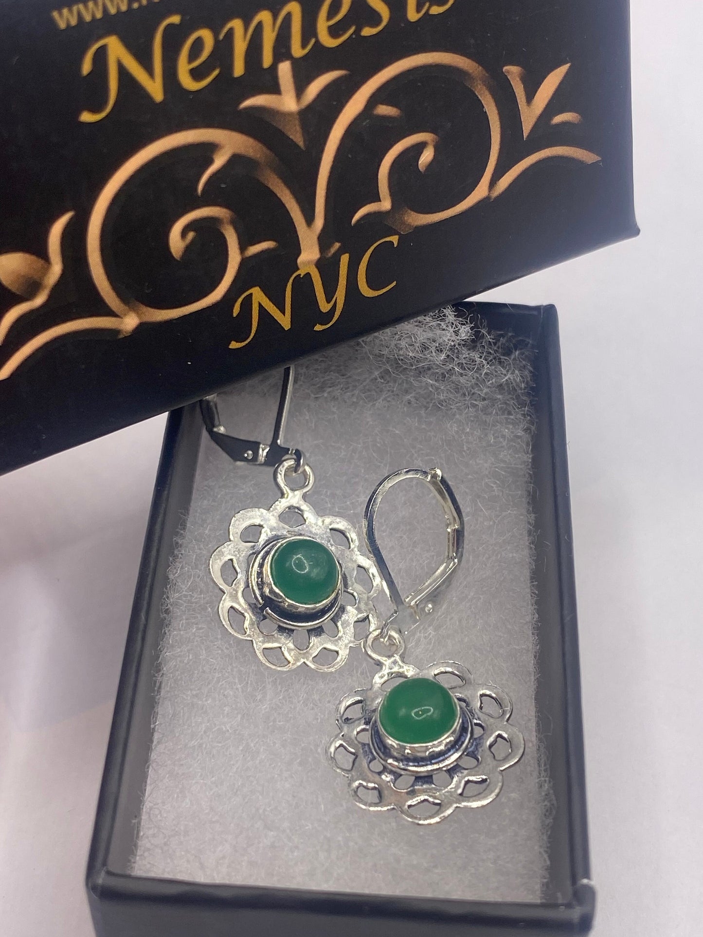 Antique vintage Green Crysopraise Silver dangle earrings