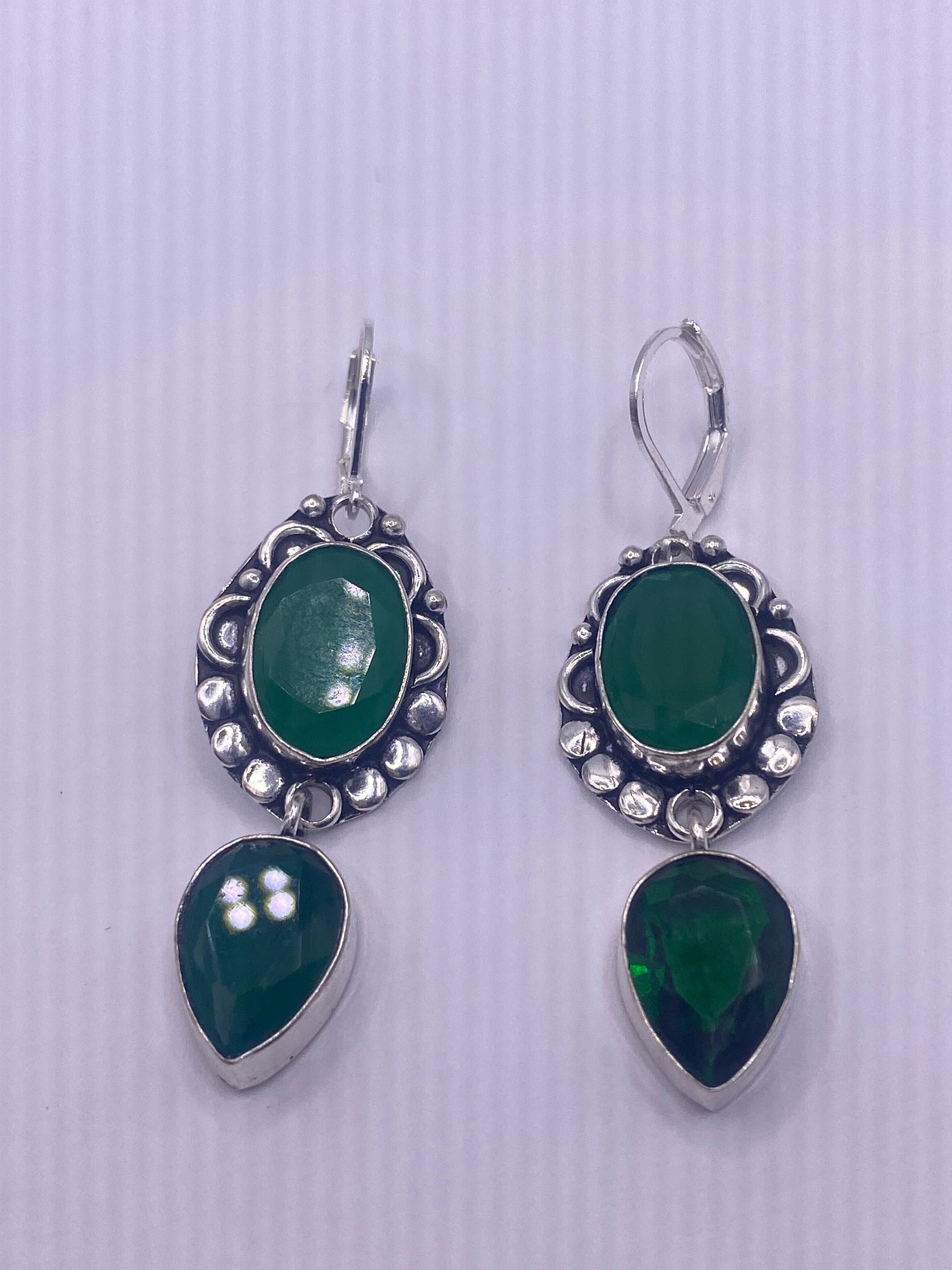 Antique vintage Green Crysopraise Silver dangle earrings