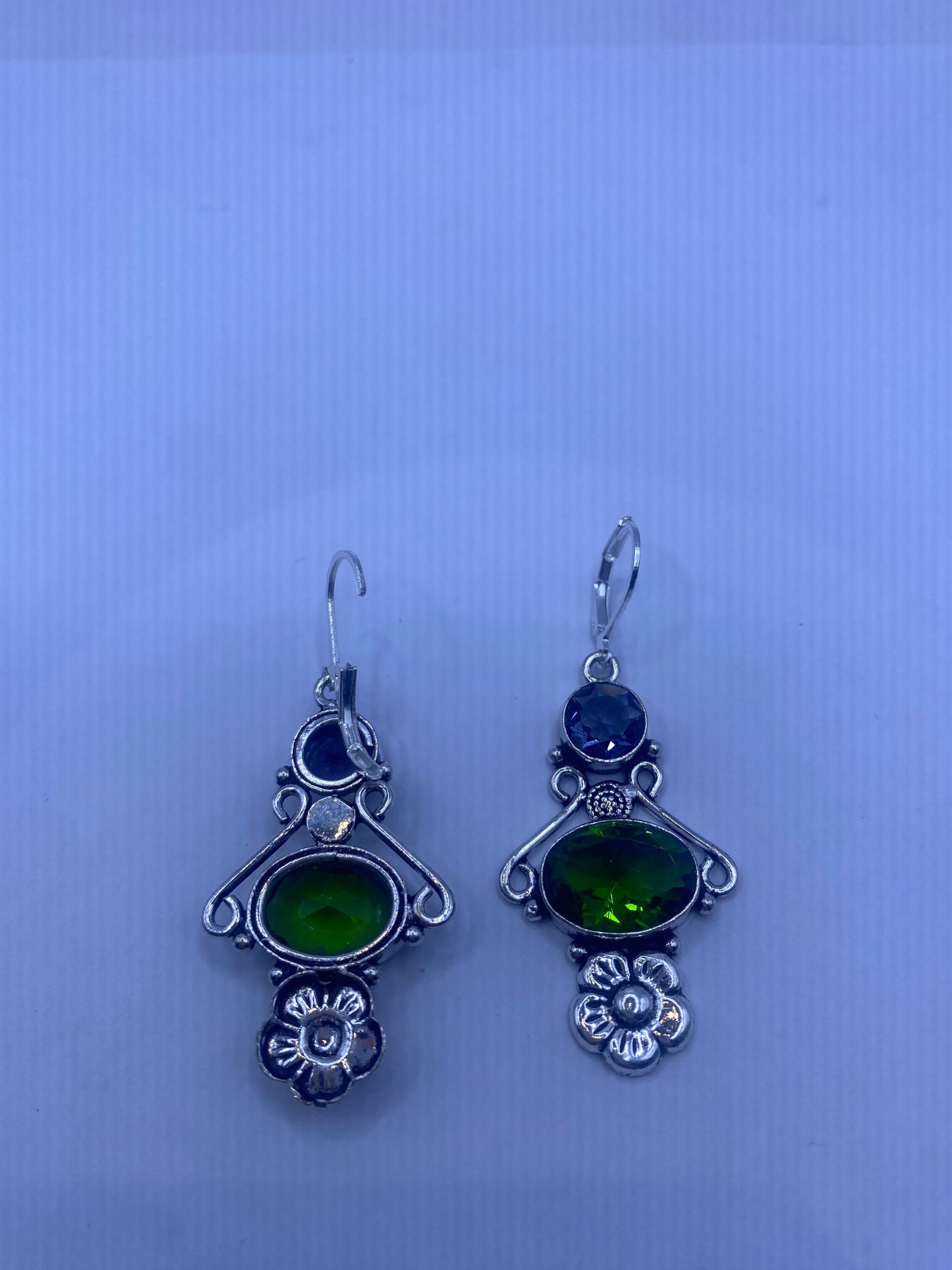 Antique Vintage Green Peridot Amethyst Silver Liver Back Dangle Earrings