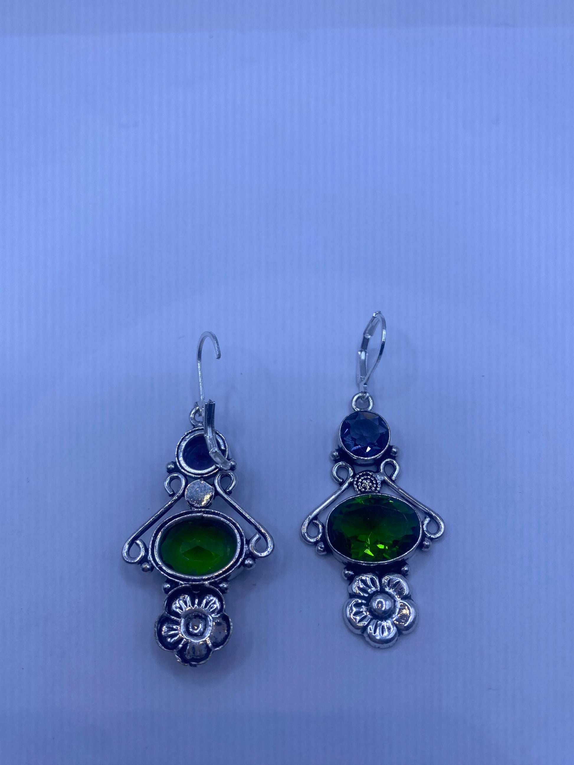 Antique Vintage Green Peridot Amethyst Silver Liver Back Dangle Earrings