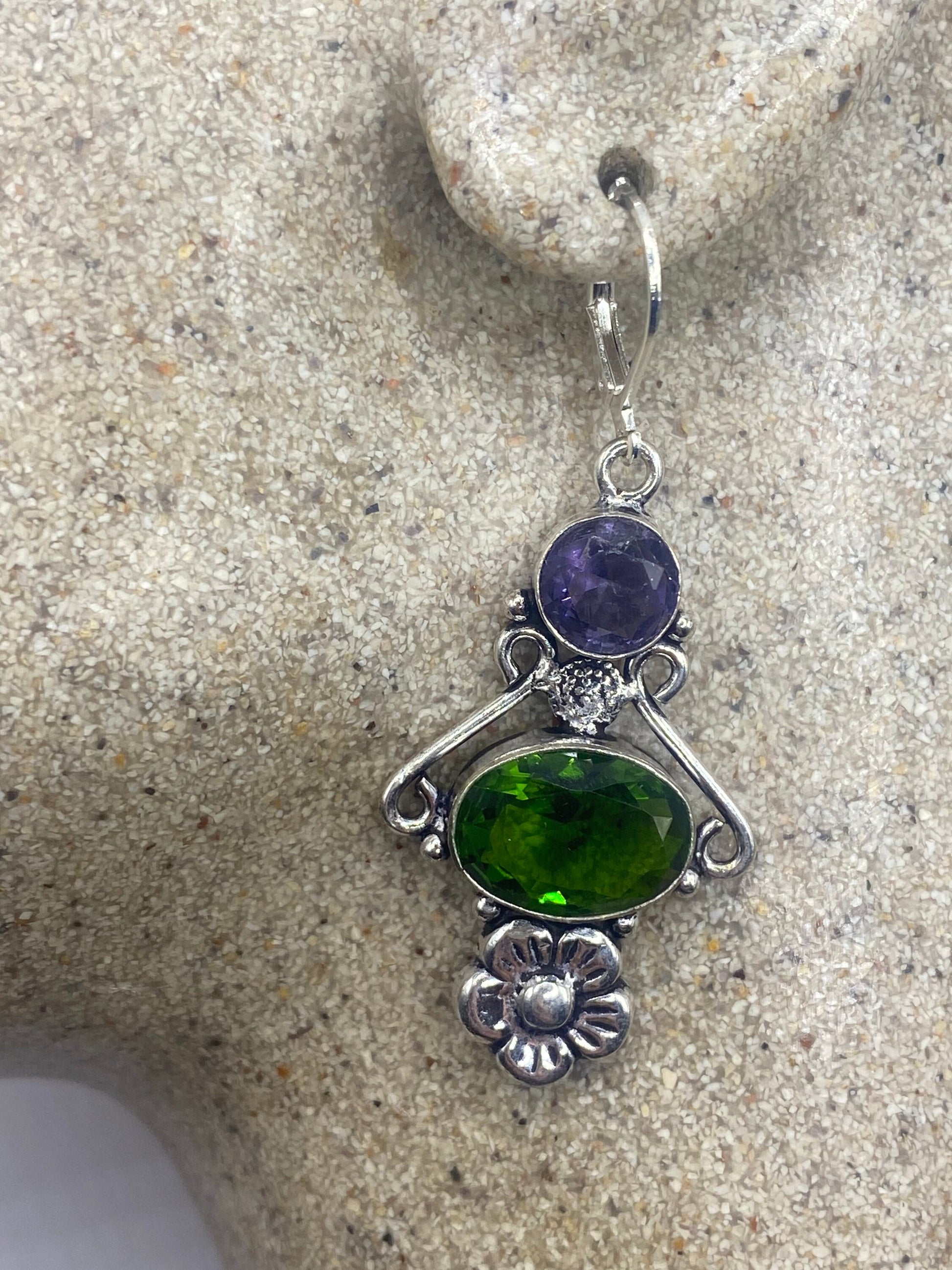 Antique Vintage Green Peridot Amethyst Silver Liver Back Dangle Earrings