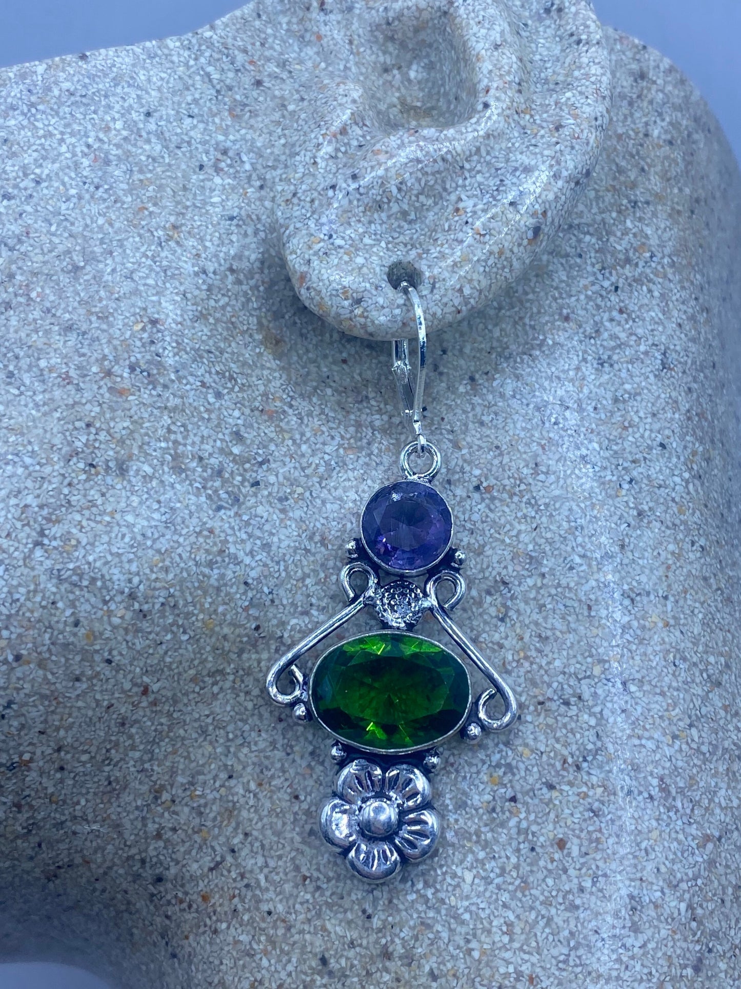 Antique Vintage Green Peridot Amethyst Silver Liver Back Dangle Earrings