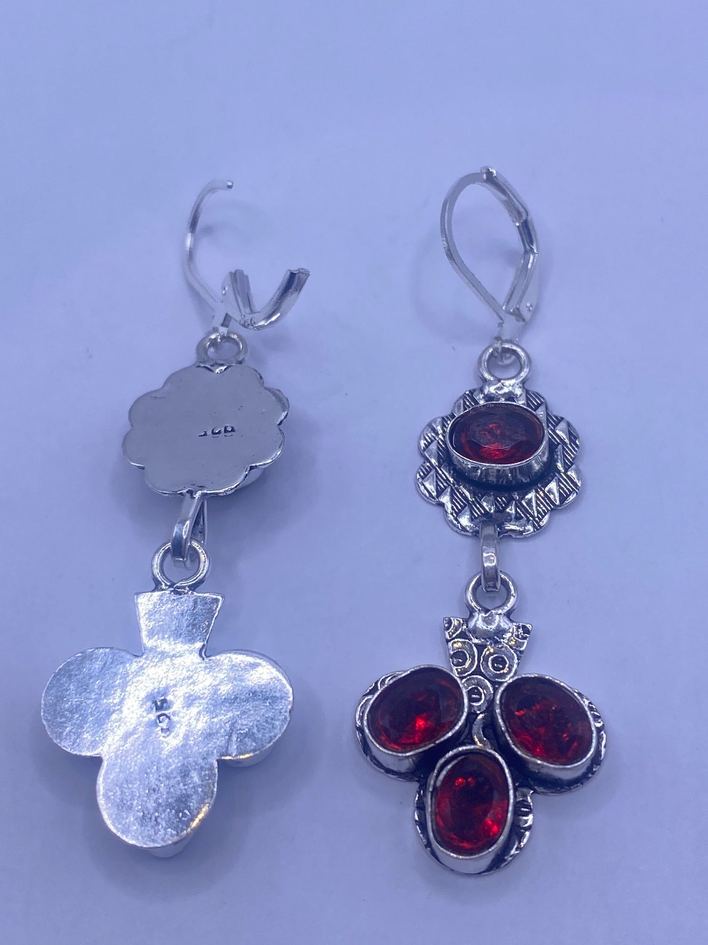 Vintage Red Ruby Glass Earrings 925 Sterling Silver Leverback