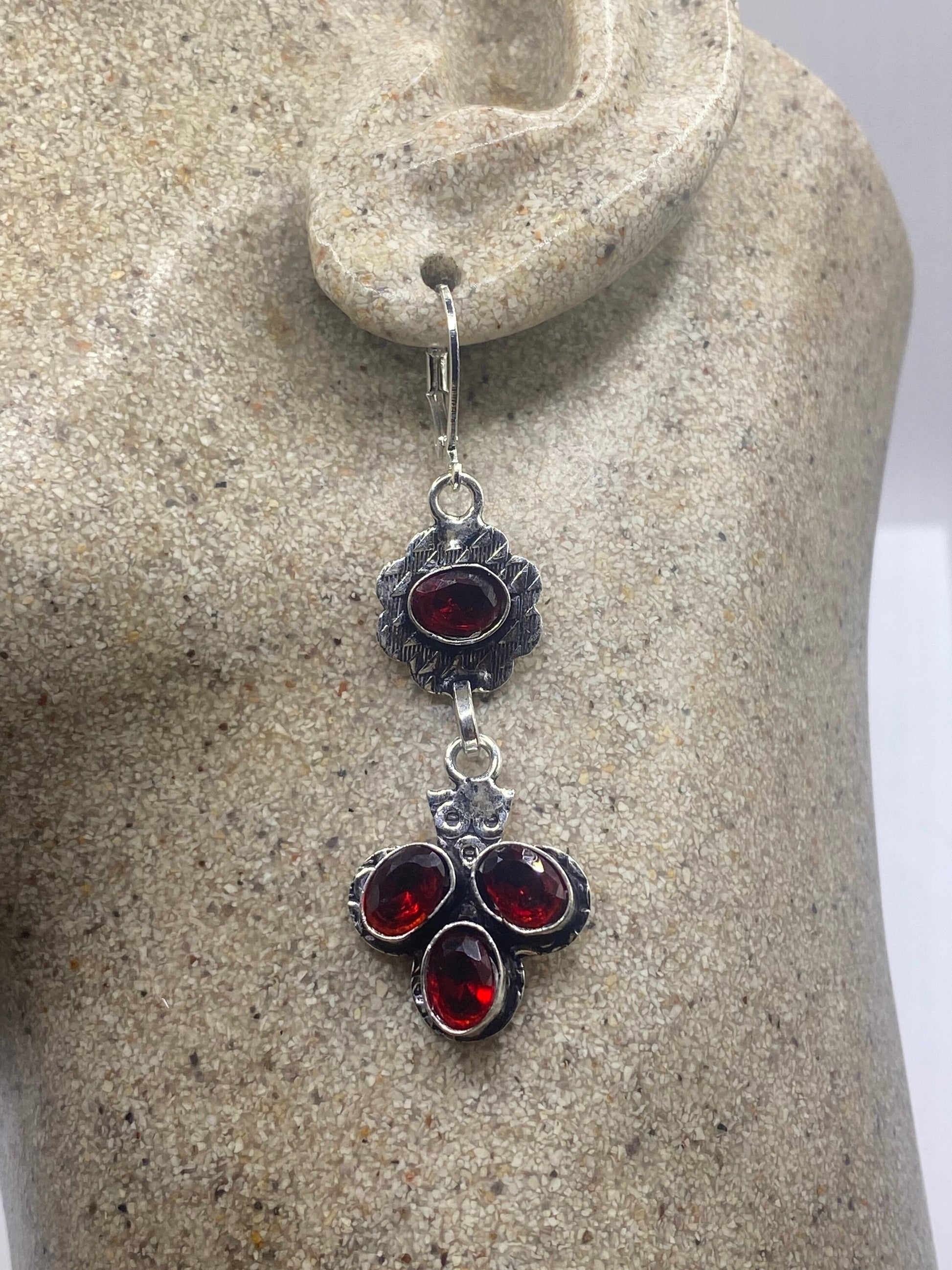 Vintage Red Ruby Glass Earrings 925 Sterling Silver Leverback