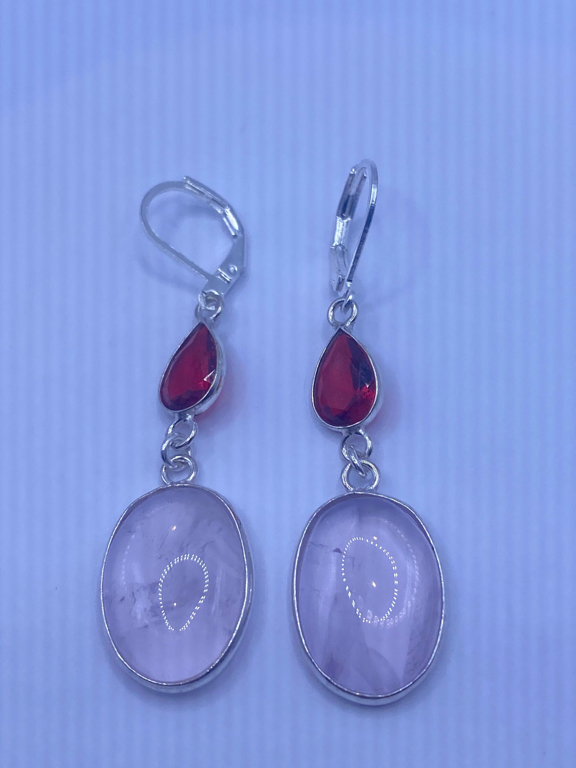 Vintage Red Ruby Glass Rose Quartz Earrings 925 Sterling Silver Leverback