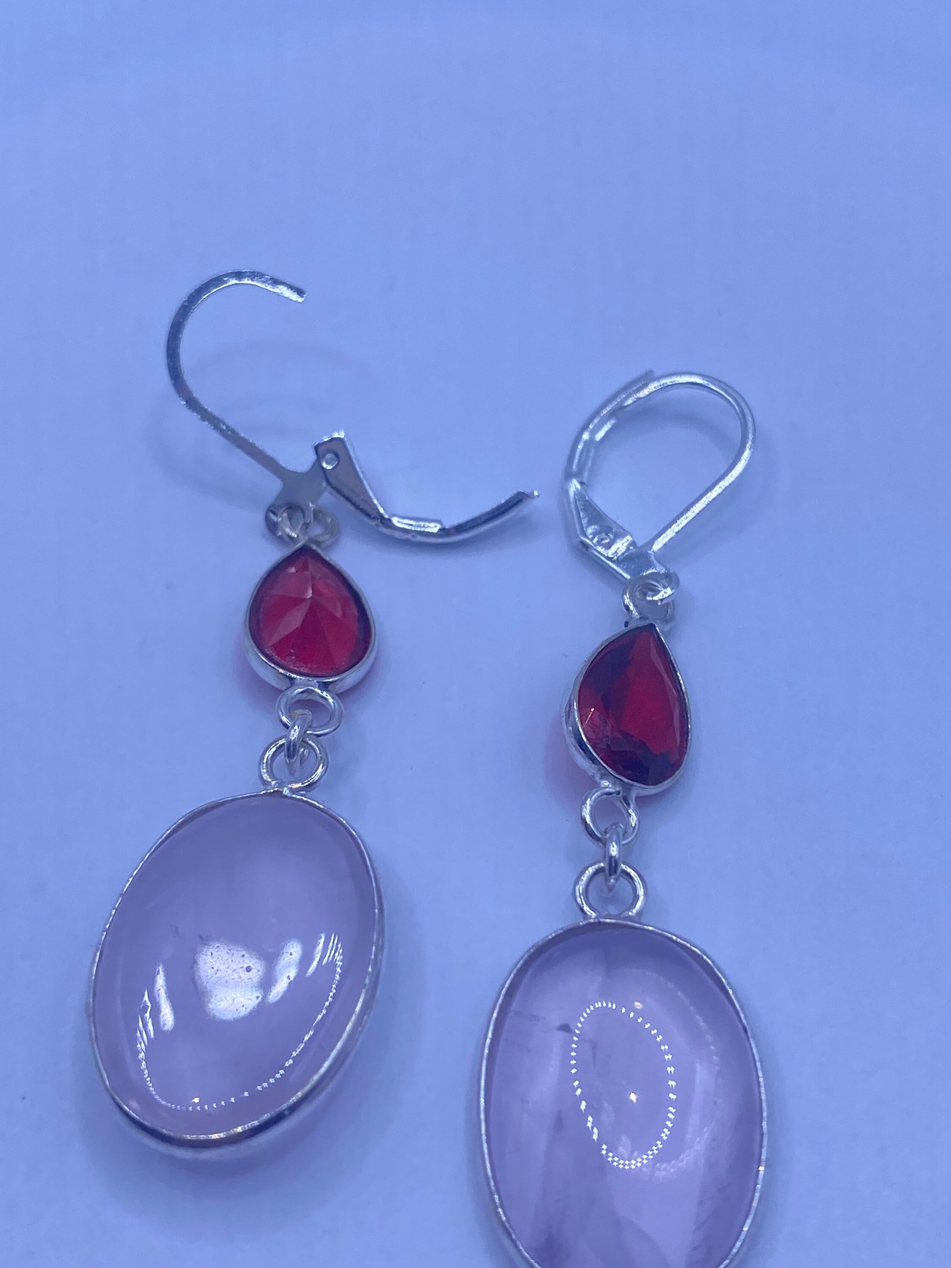 Vintage Red Ruby Glass Rose Quartz Earrings 925 Sterling Silver Leverback