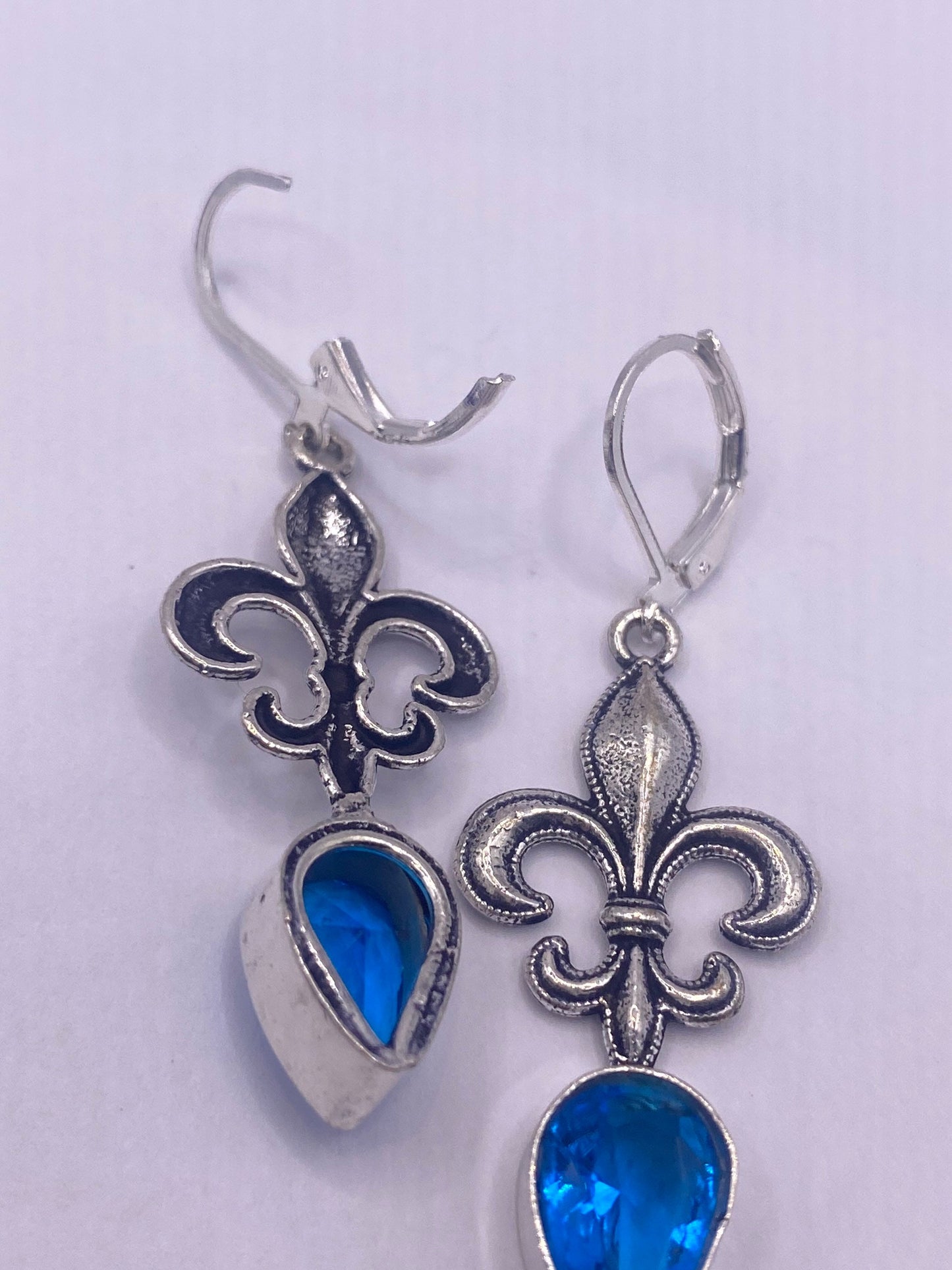 Antique Vintage Aqua Blue Volcanic Glass Silver Dangle Earrings