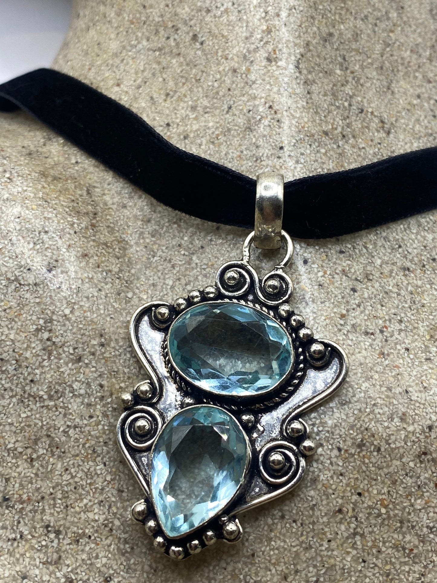 Vintage Blue Aqua Glass Choker Silver Finished Necklace