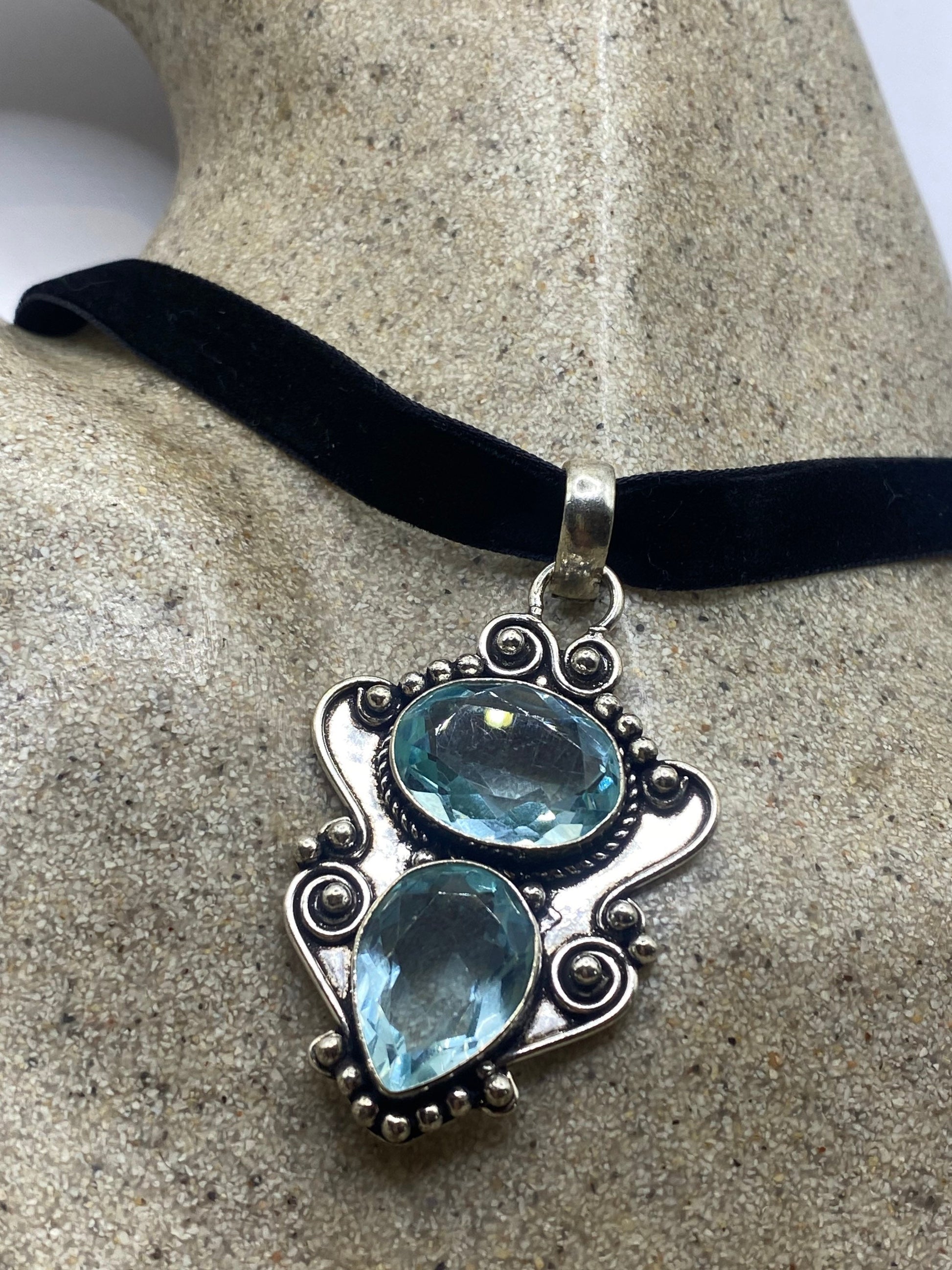 Vintage Blue Aqua Glass Choker Silver Finished Necklace