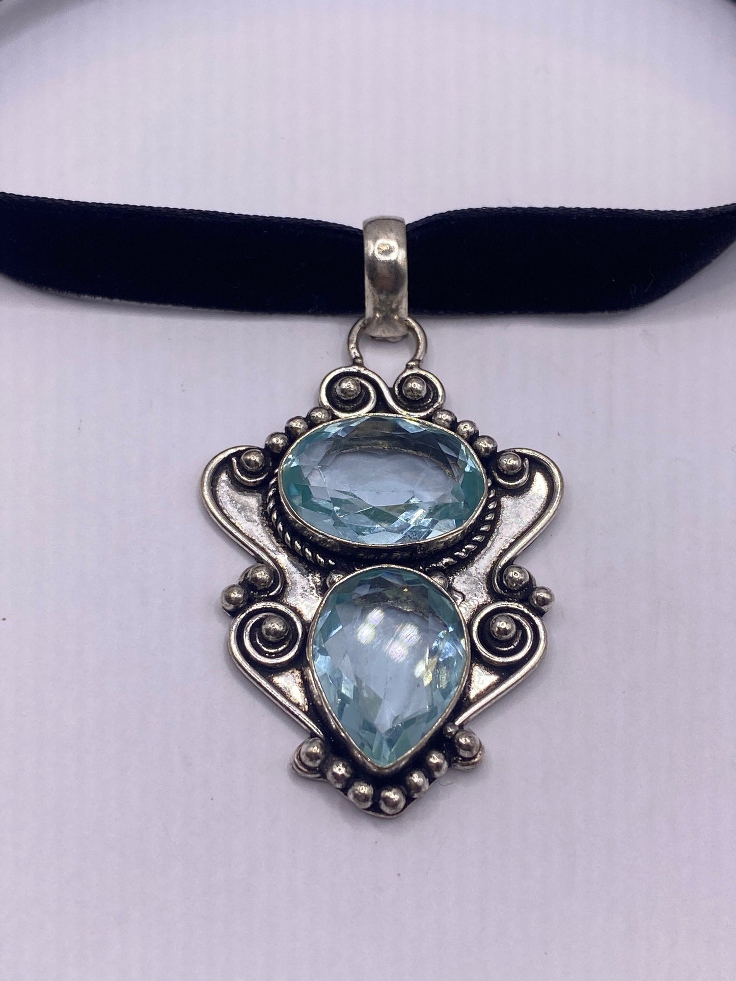 Vintage Blue Aqua Glass Choker Silver Finished Necklace