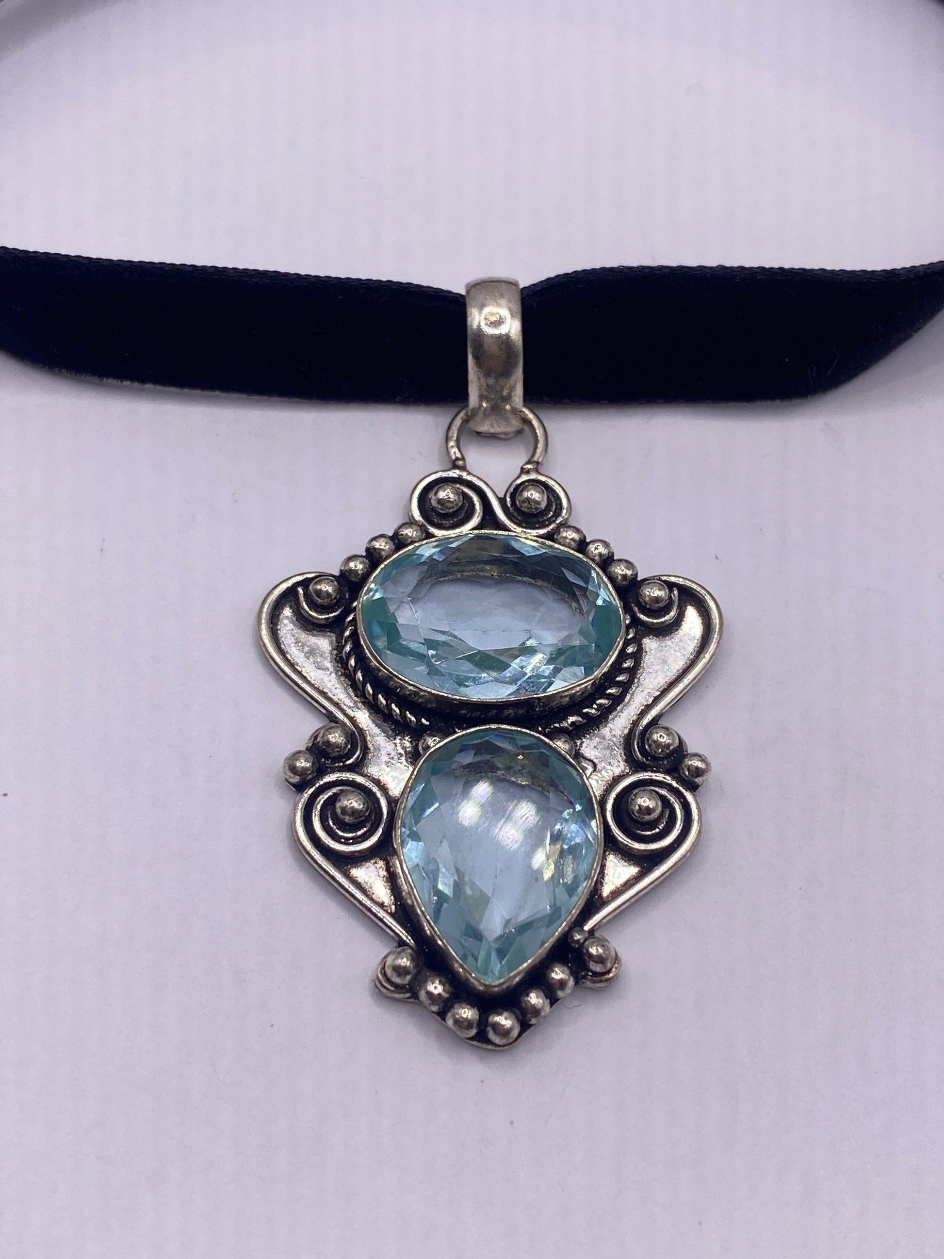 Vintage Blue Aqua Glass Choker Silver Finished Necklace