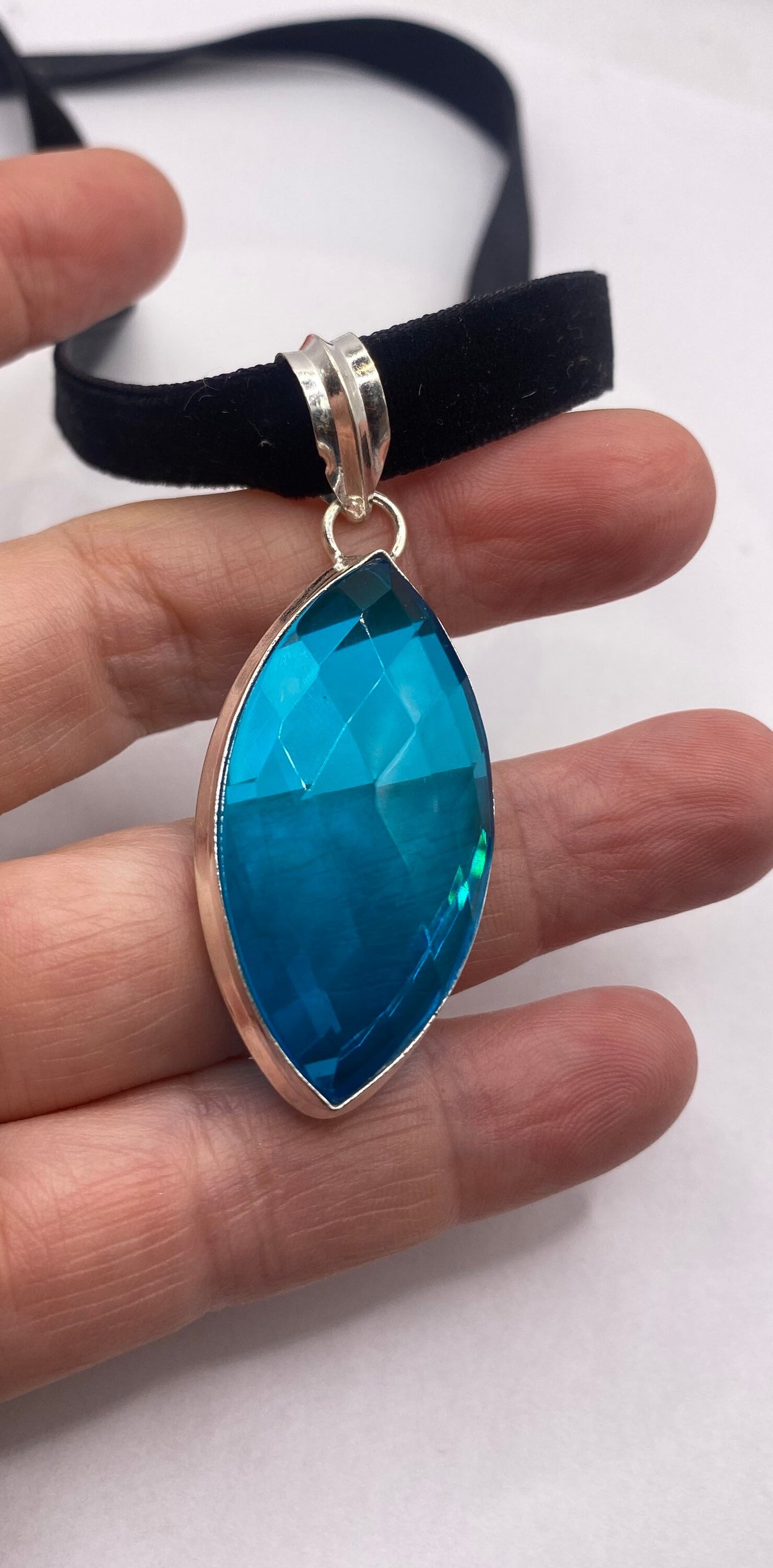 Vintage Blue Aqua Glass Choker Silver Finished Necklace