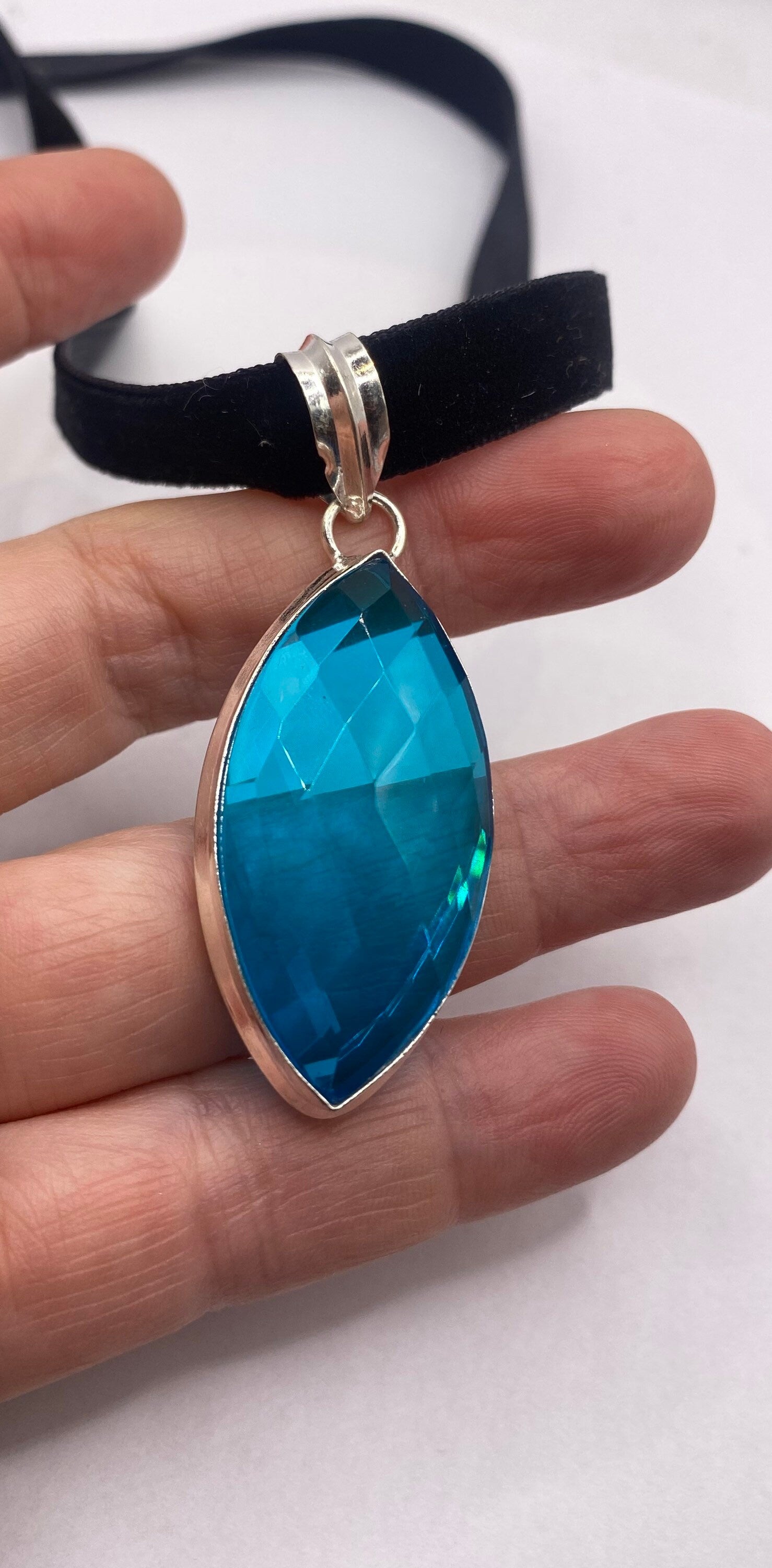 Vintage Blue Aqua Glass Choker Silver Finished Necklace