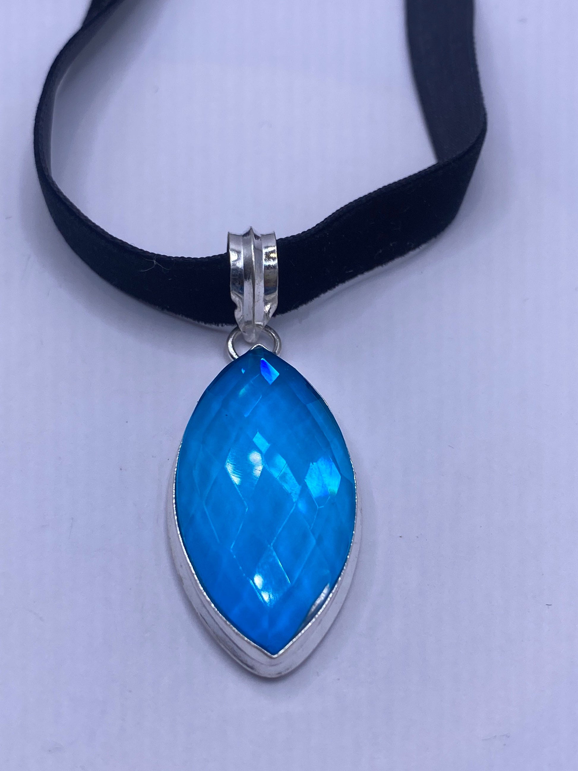 Vintage Blue Aqua Glass Choker Silver Finished Necklace