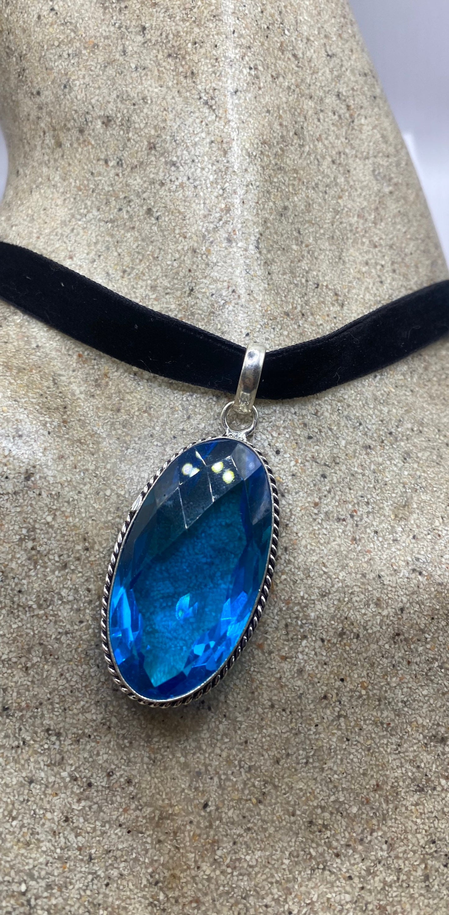 Vintage Blue Aqua Glass Choker Silver Finished Necklace