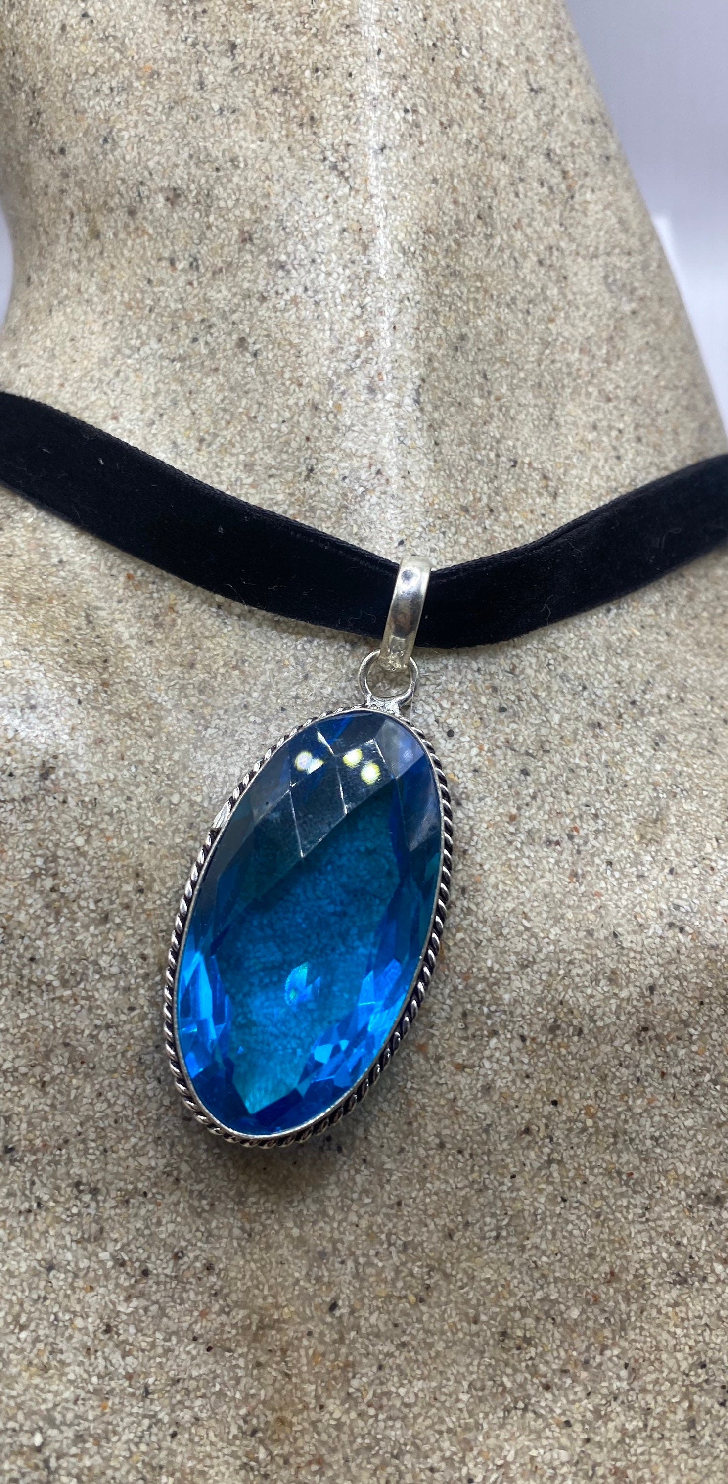 Vintage Blue Aqua Glass Choker Silver Finished Necklace