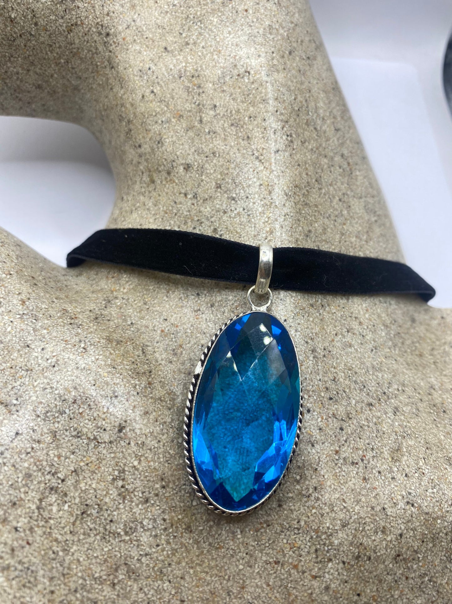 Vintage Blue Aqua Glass Choker Silver Finished Necklace