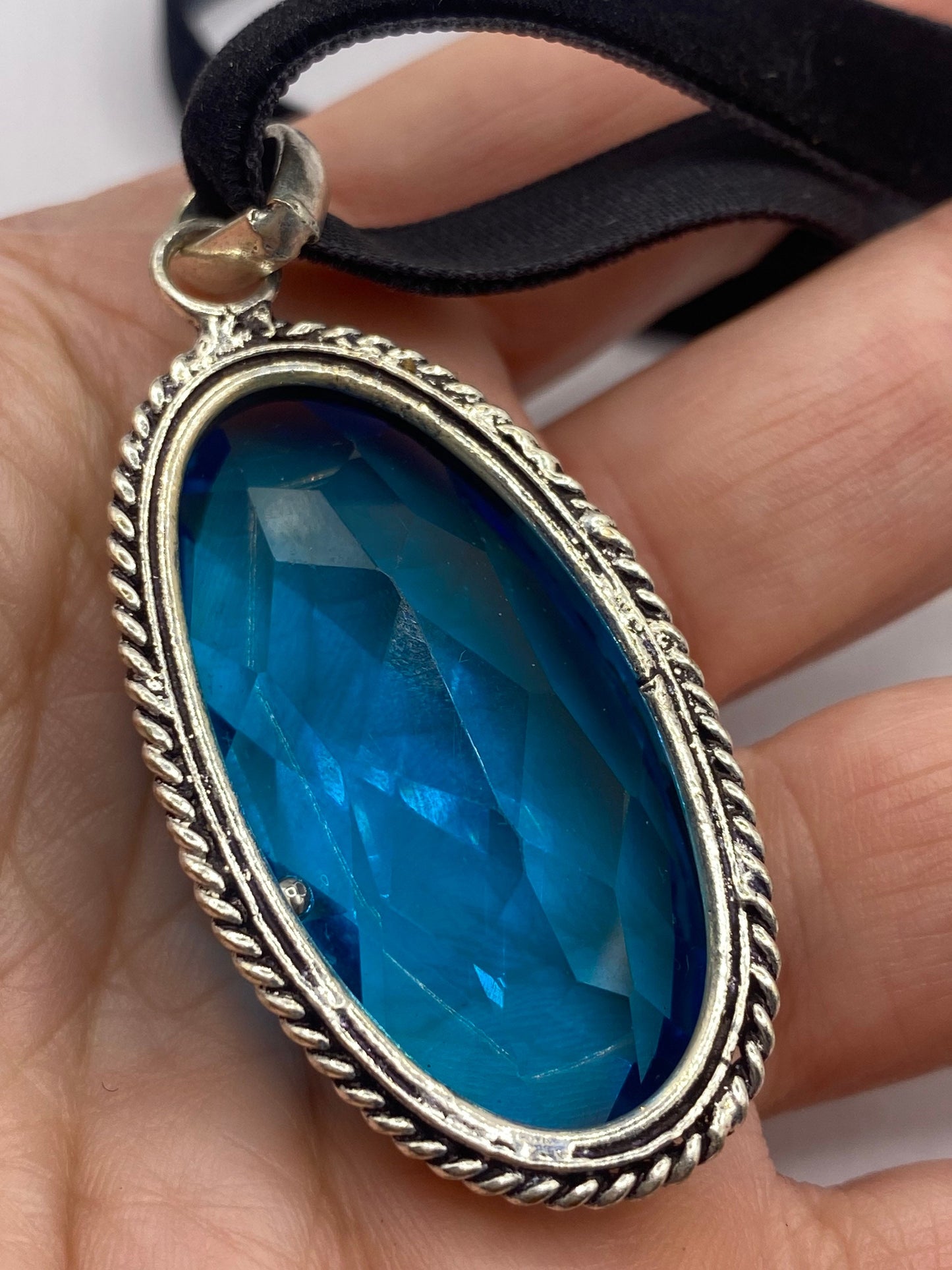 Vintage Blue Aqua Glass Choker Silver Finished Necklace