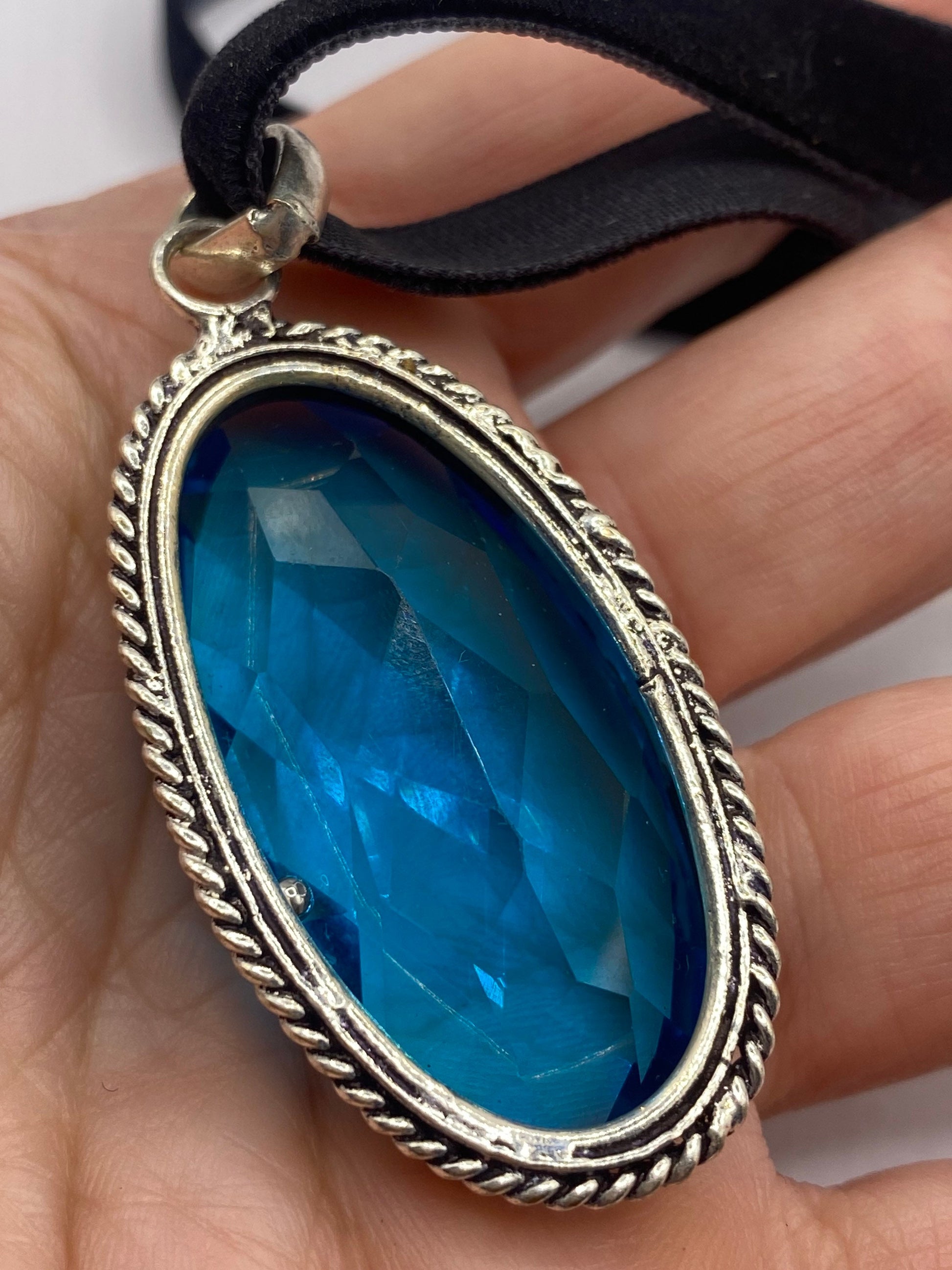 Vintage Blue Aqua Glass Choker Silver Finished Necklace