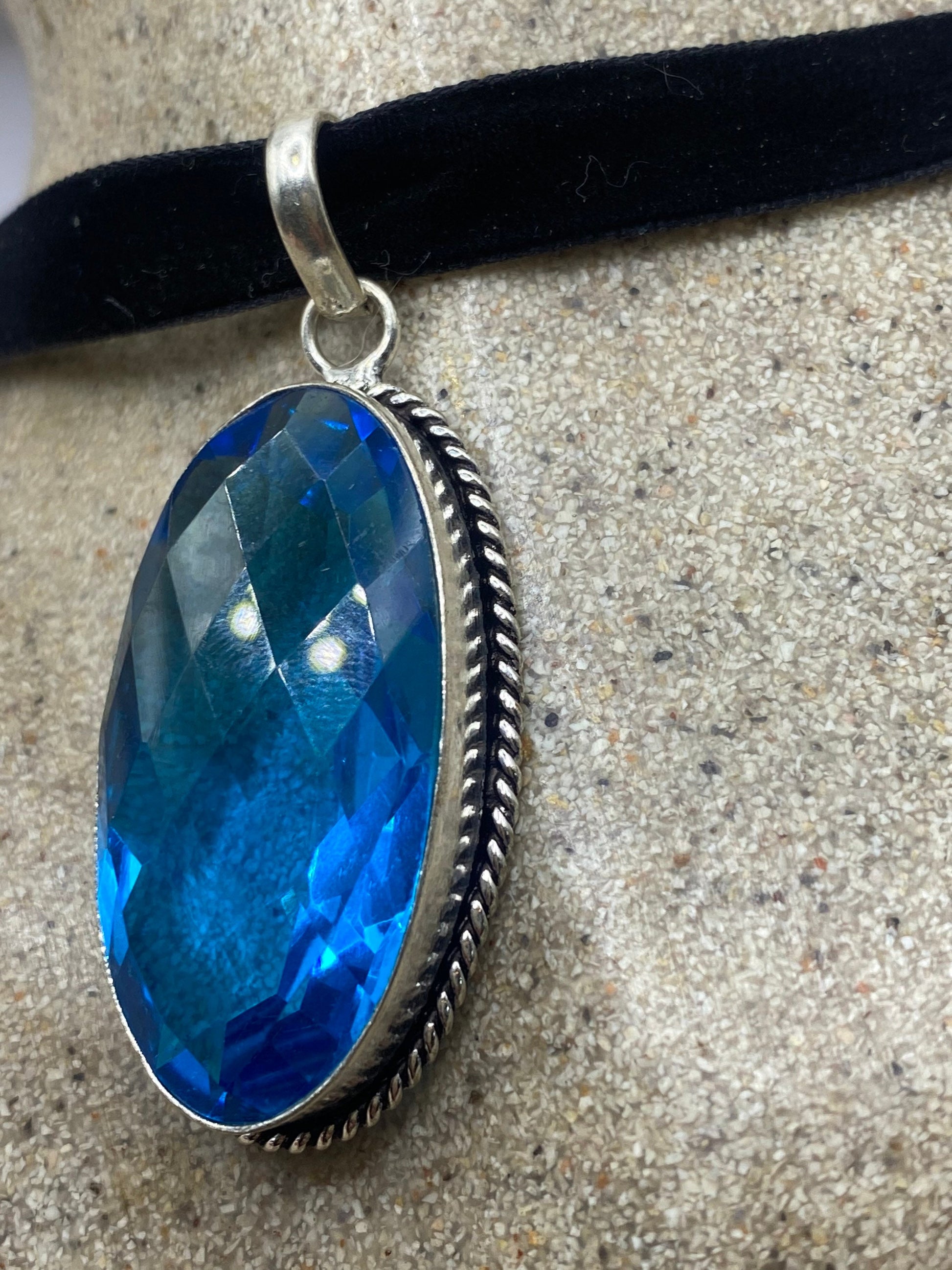 Vintage Blue Aqua Glass Choker Silver Finished Necklace