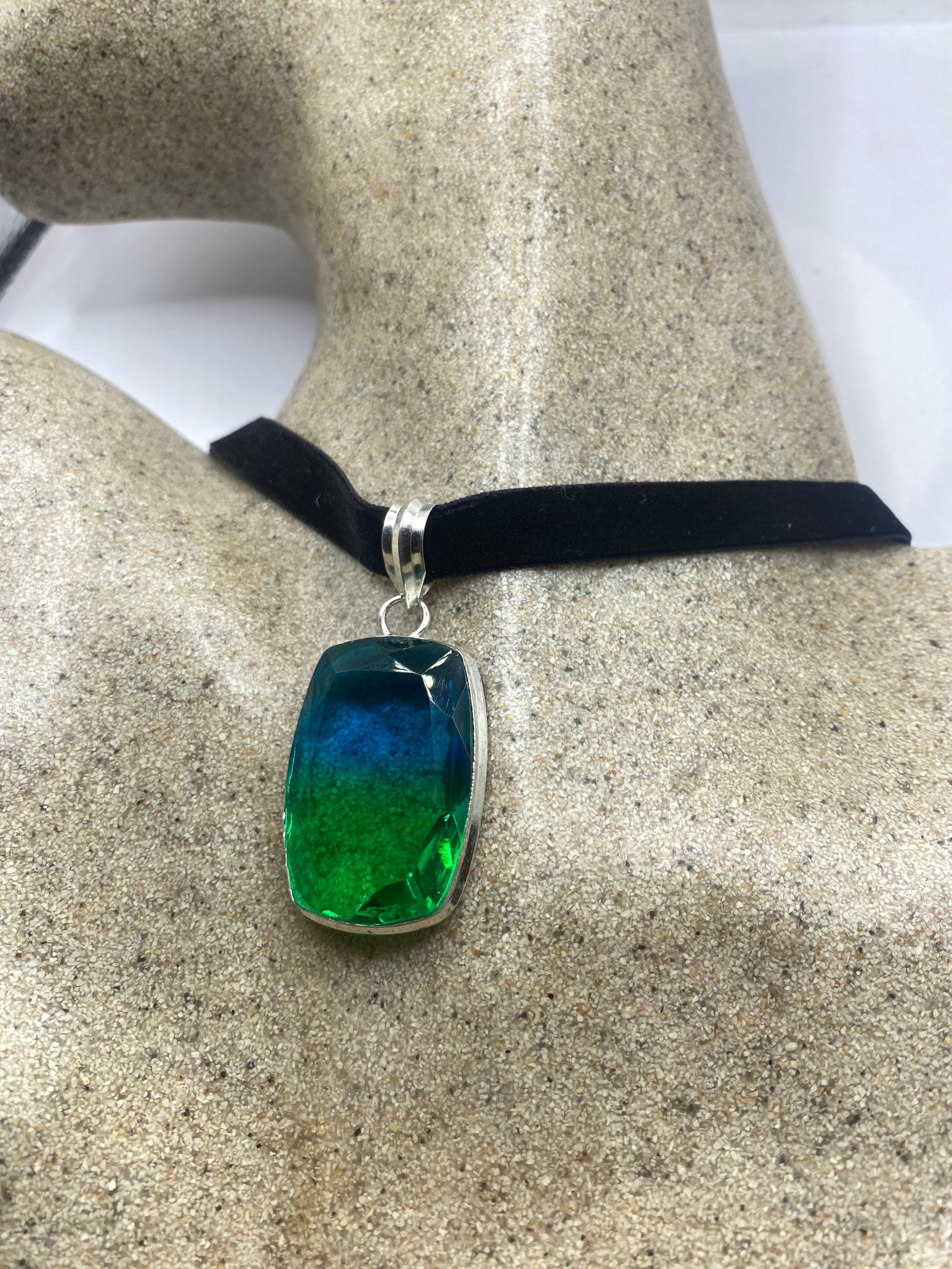 Vintage Blue Aqua Glass Choker Silver Finished Necklace