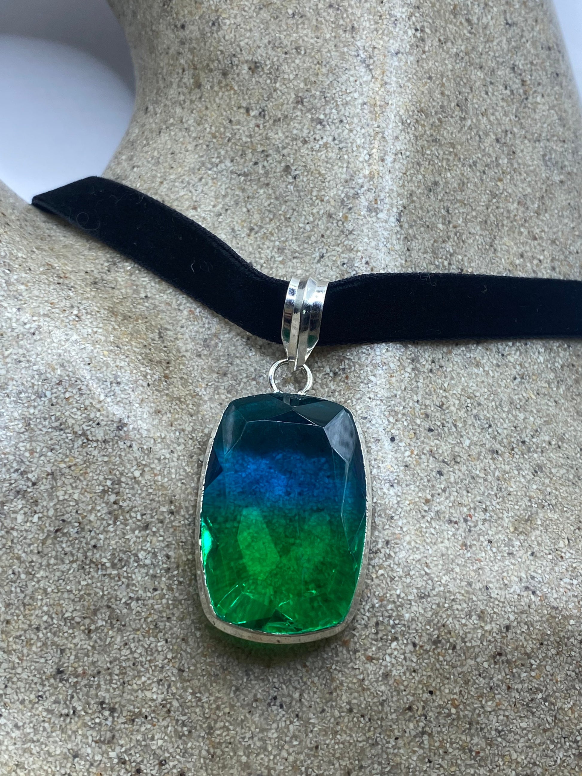 Vintage Blue Aqua Glass Choker Silver Finished Necklace