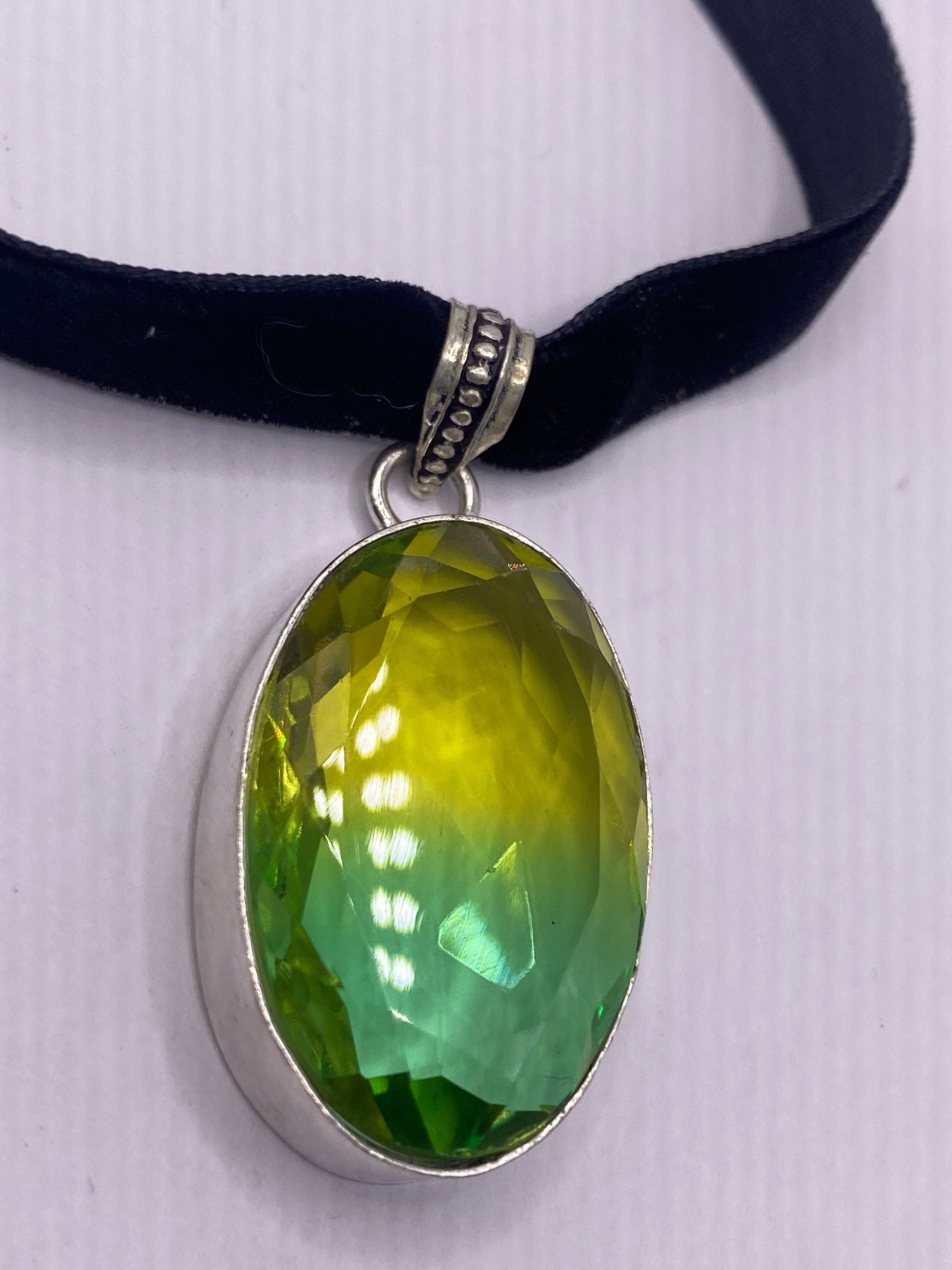 Vintage Green Glass Choker Silver Finished Necklace