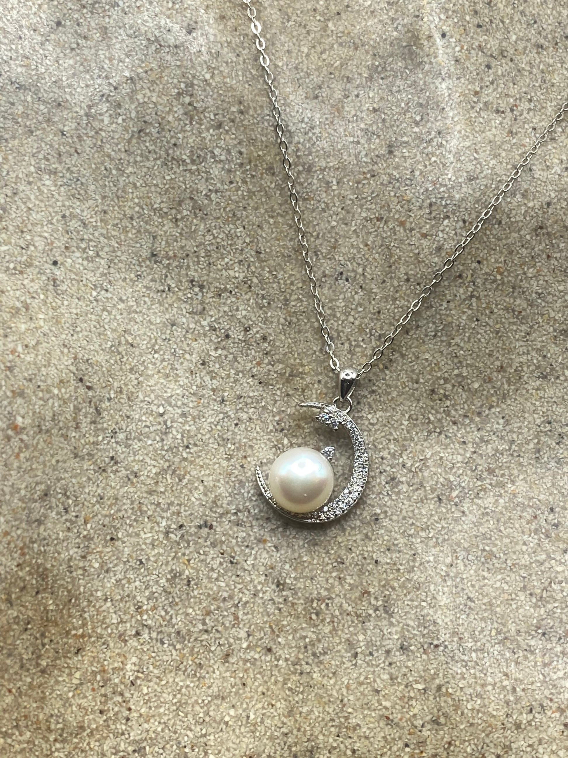 Vintage Crystal Crescent Moon Genuine White Pearl 925 Sterling Silver Choker Pendant Necklace