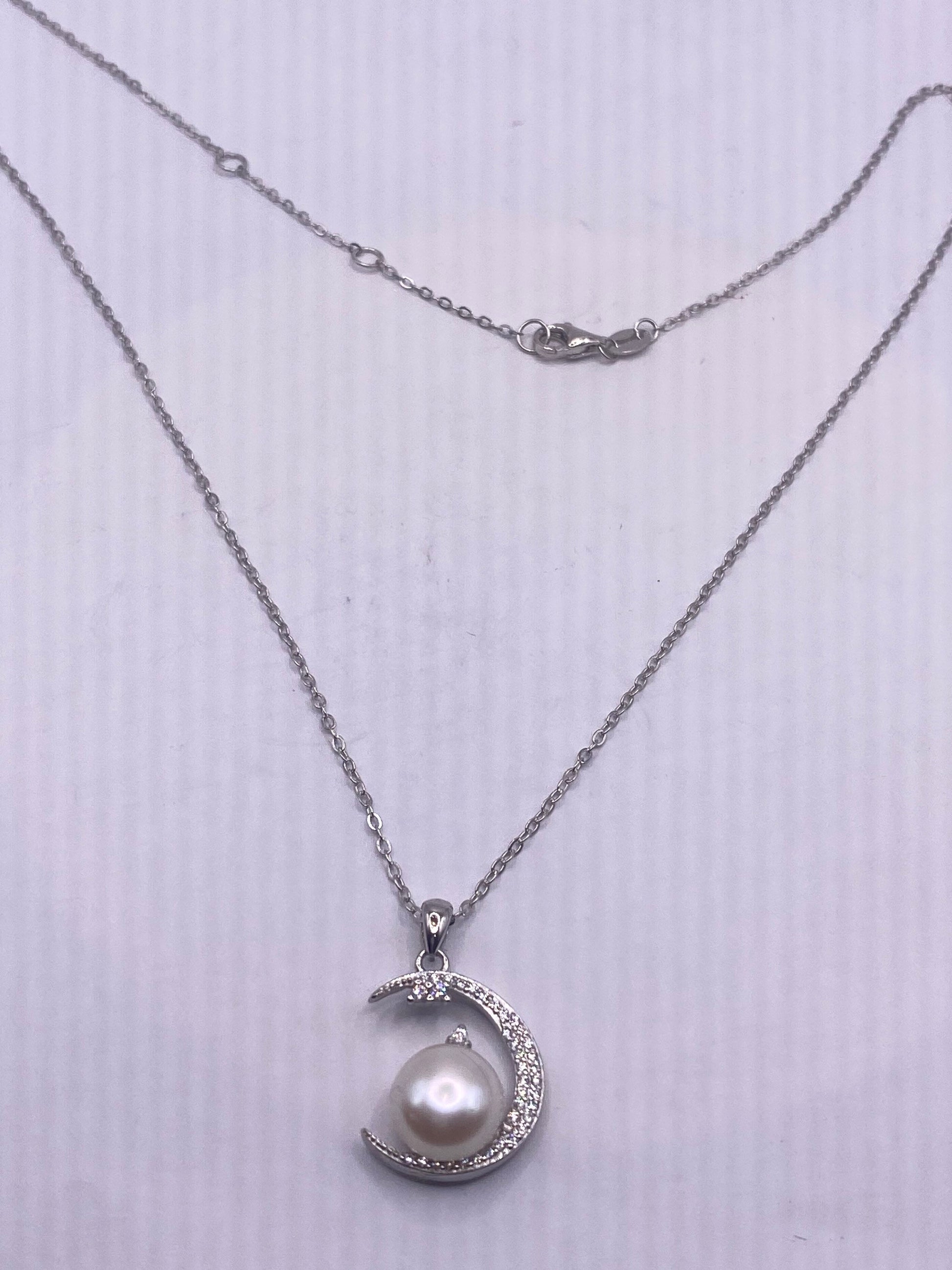 Vintage Crystal Crescent Moon Genuine White Pearl 925 Sterling Silver Choker Pendant Necklace
