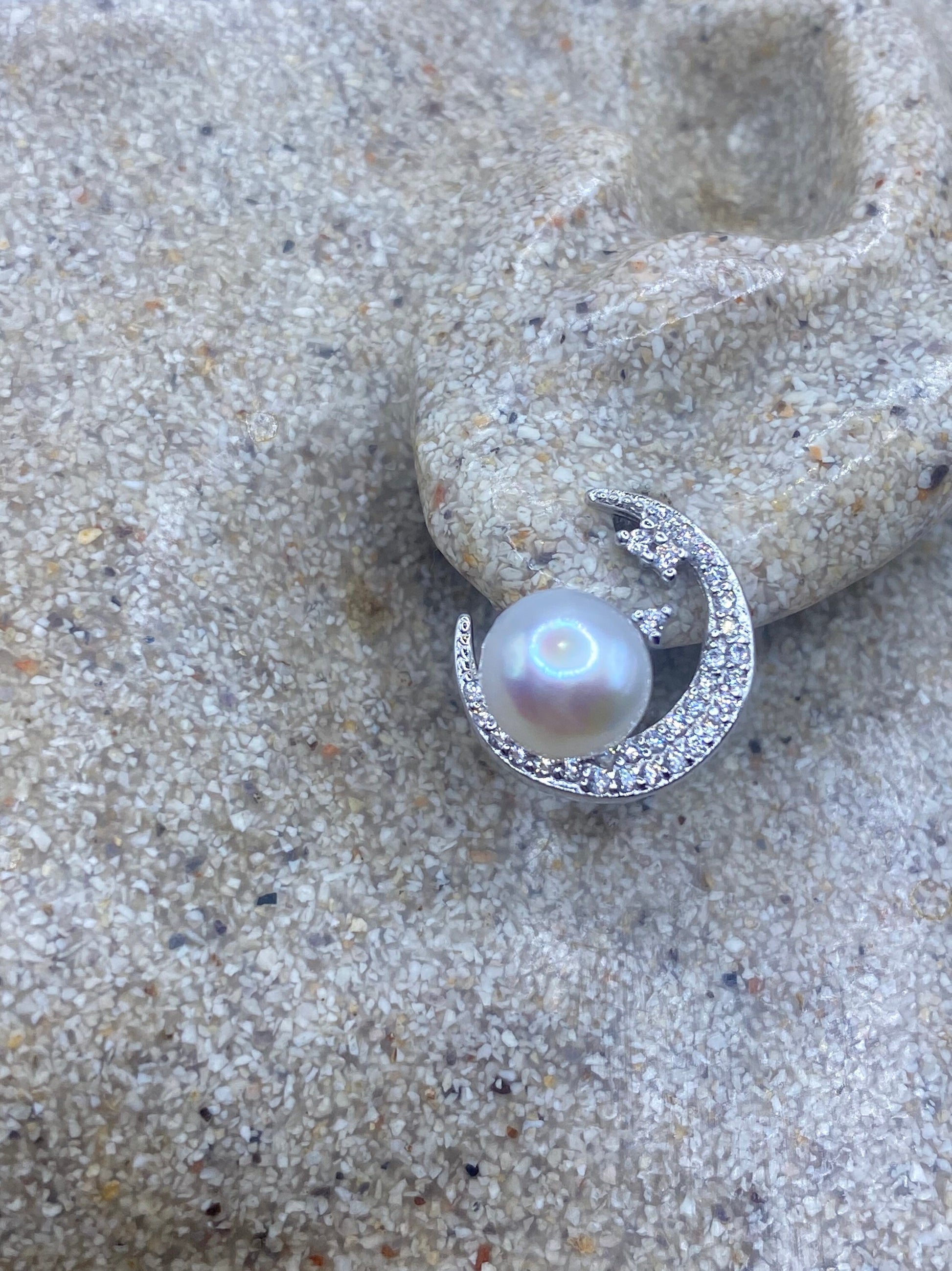 Vintage Crystal Crescent Moon Genuine Pearl Sterling Silver Stud Earrings