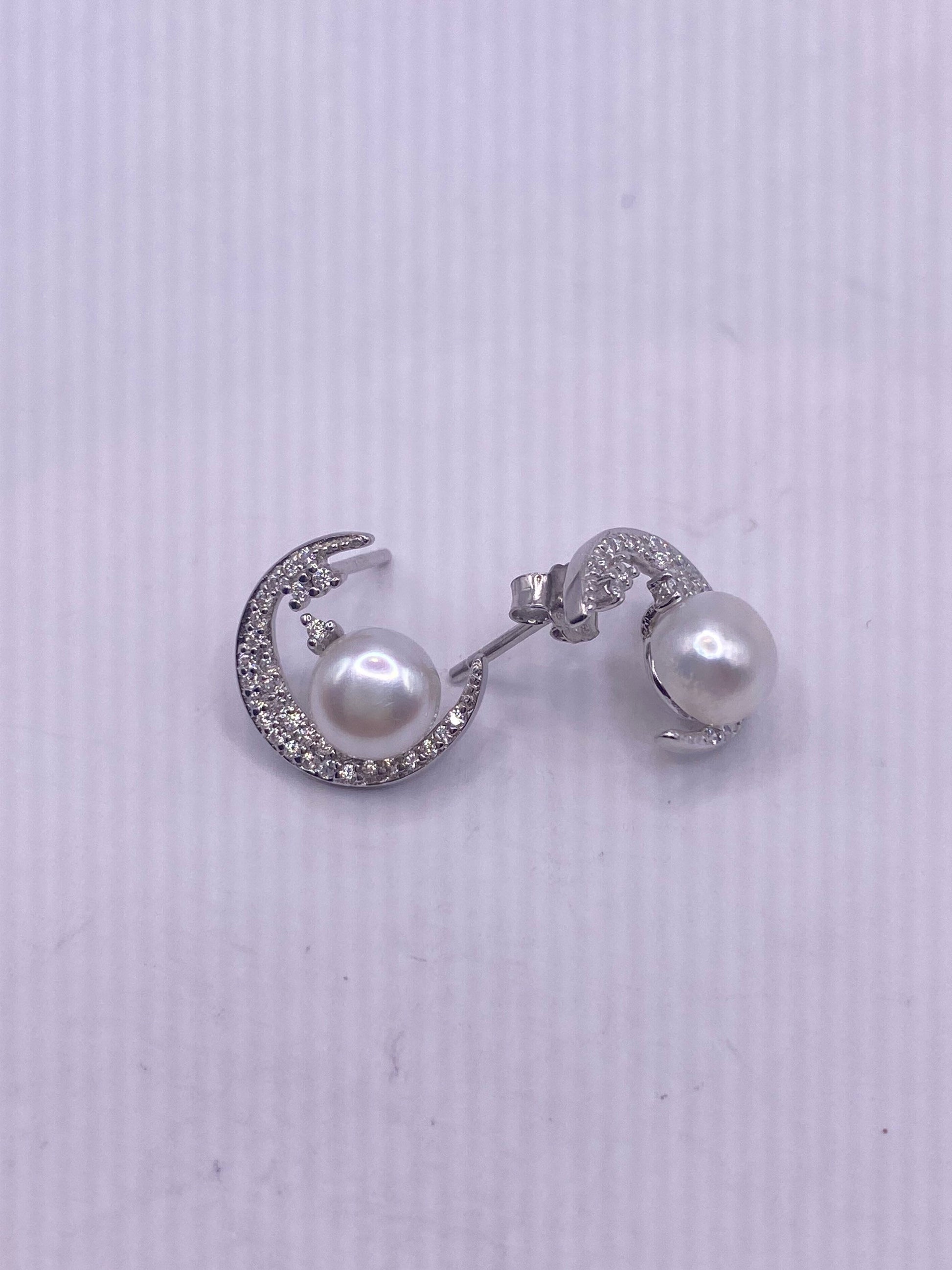 Vintage Crystal Crescent Moon Genuine Pearl Sterling Silver Stud Earrings