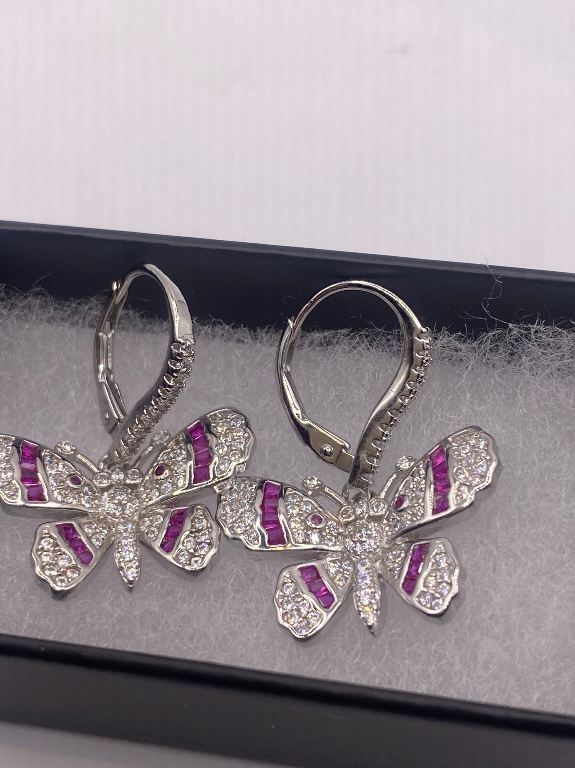 Vintage 925 Sterling Silver Pink tourmaline Butterfly Earrings