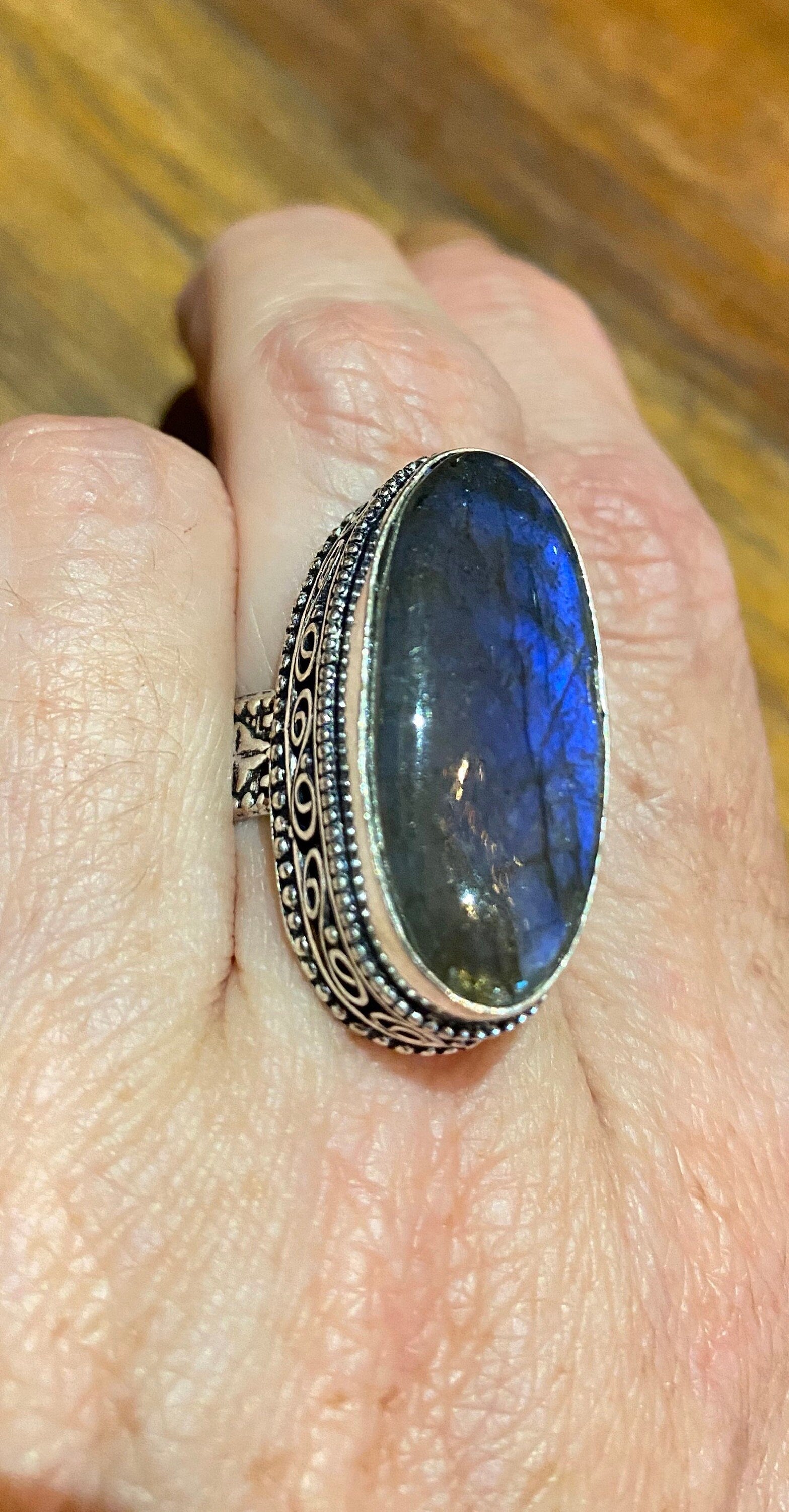 Vintage Blue Green Labradorite Moonstone Cocktail Ring