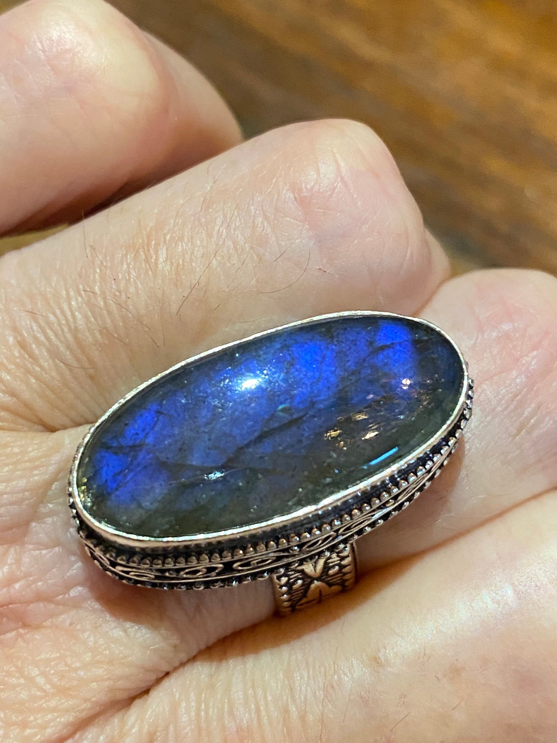 Vintage Blue Green Labradorite Moonstone Cocktail Ring