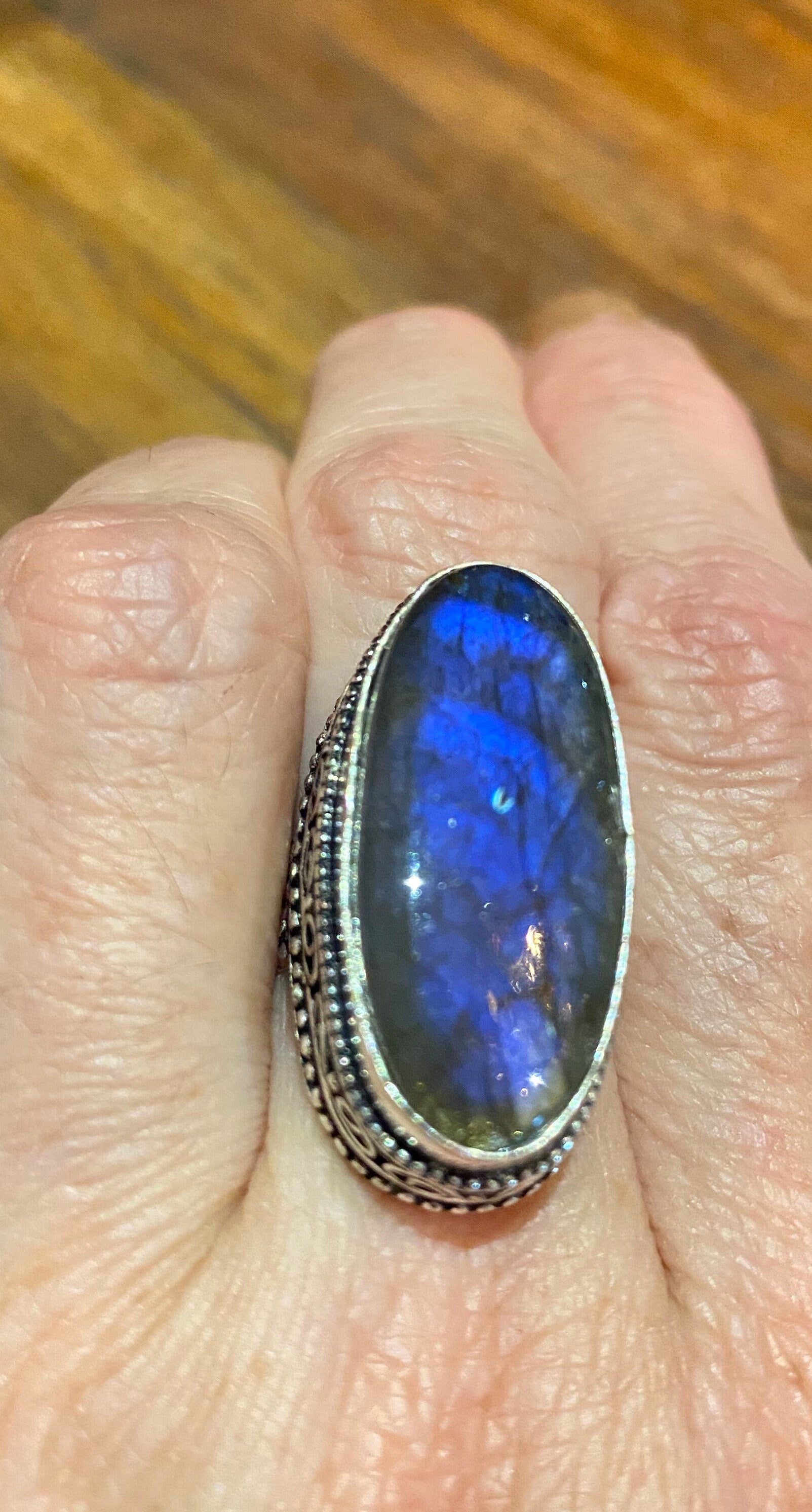 Vintage Blue Green Labradorite Moonstone Cocktail Ring