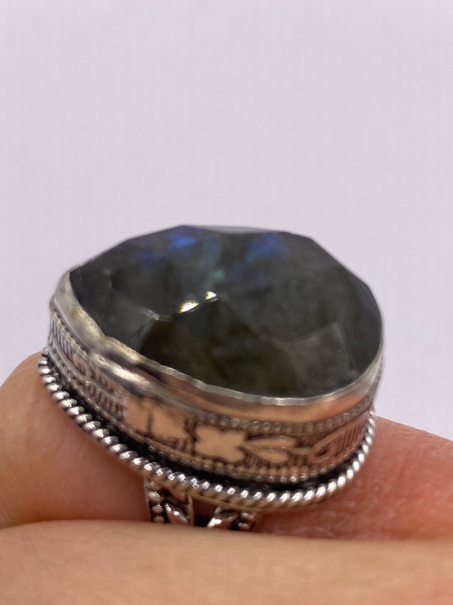 Vintage Blue Green Labradorite Moonstone Cocktail Ring