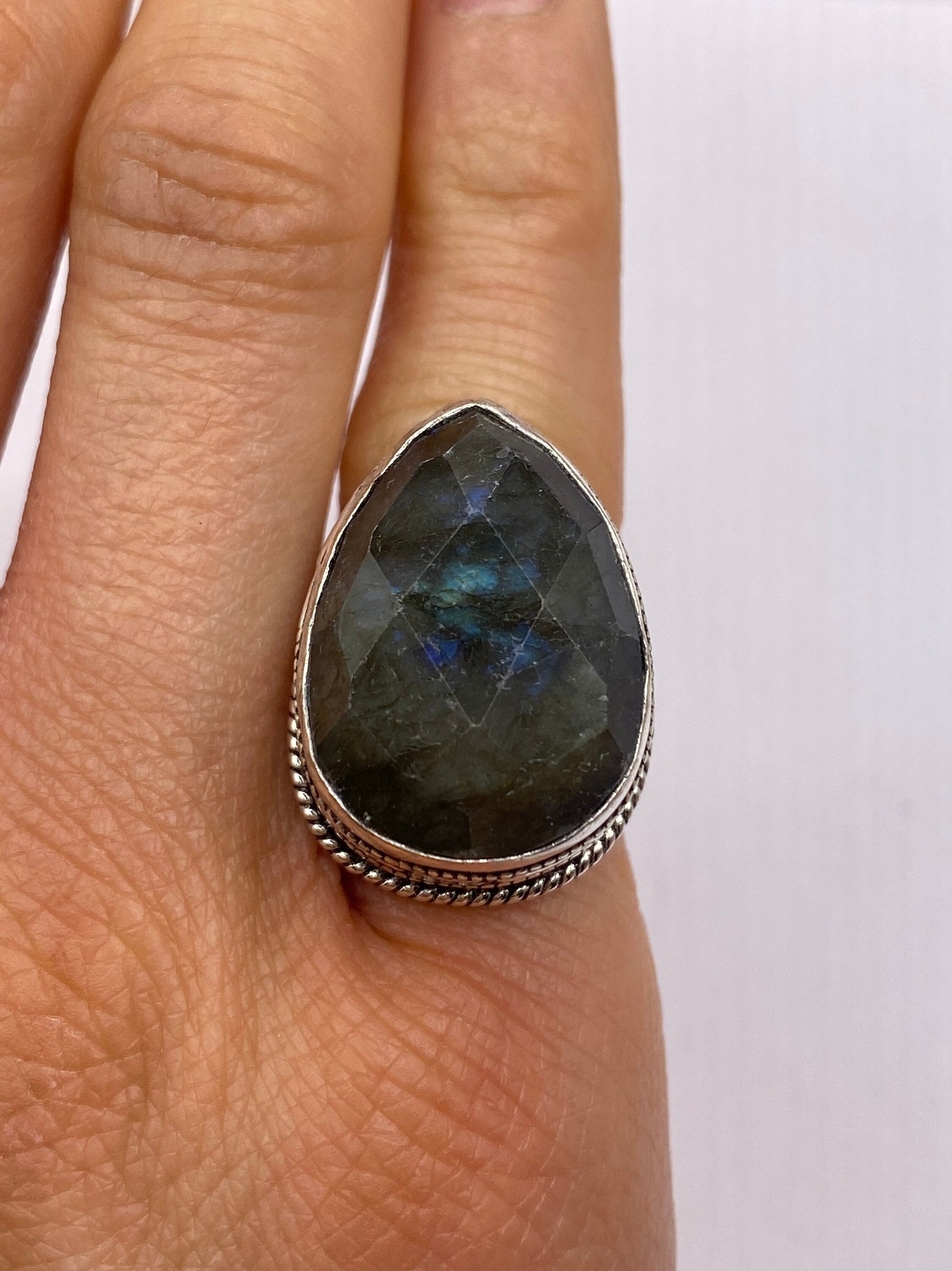 Vintage Blue Green Labradorite Moonstone Cocktail Ring