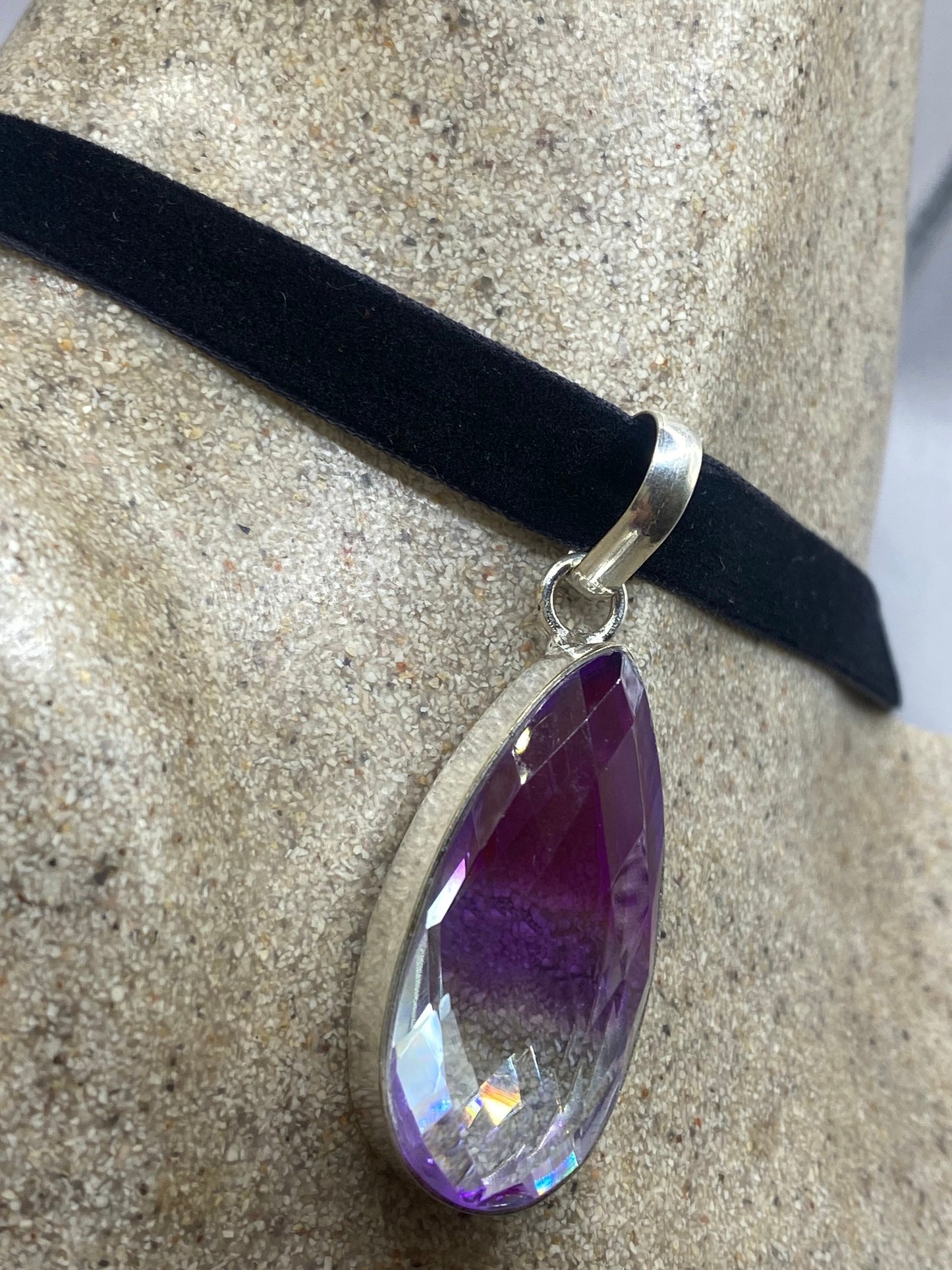 Vintage Purple Glass Choker Silver Finished Necklace