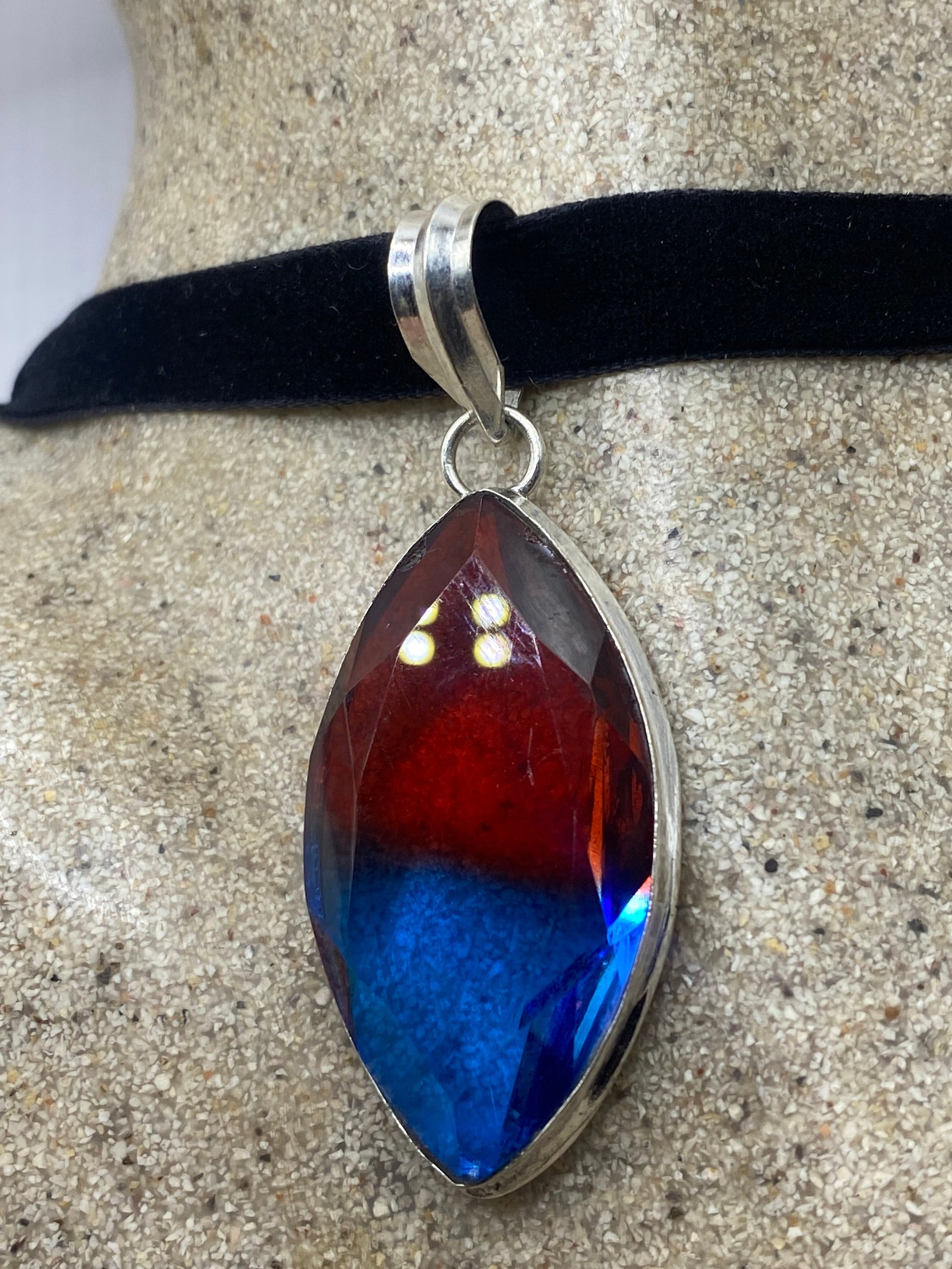 Vintage Blue Red Glass Choker Silver Finished Necklace