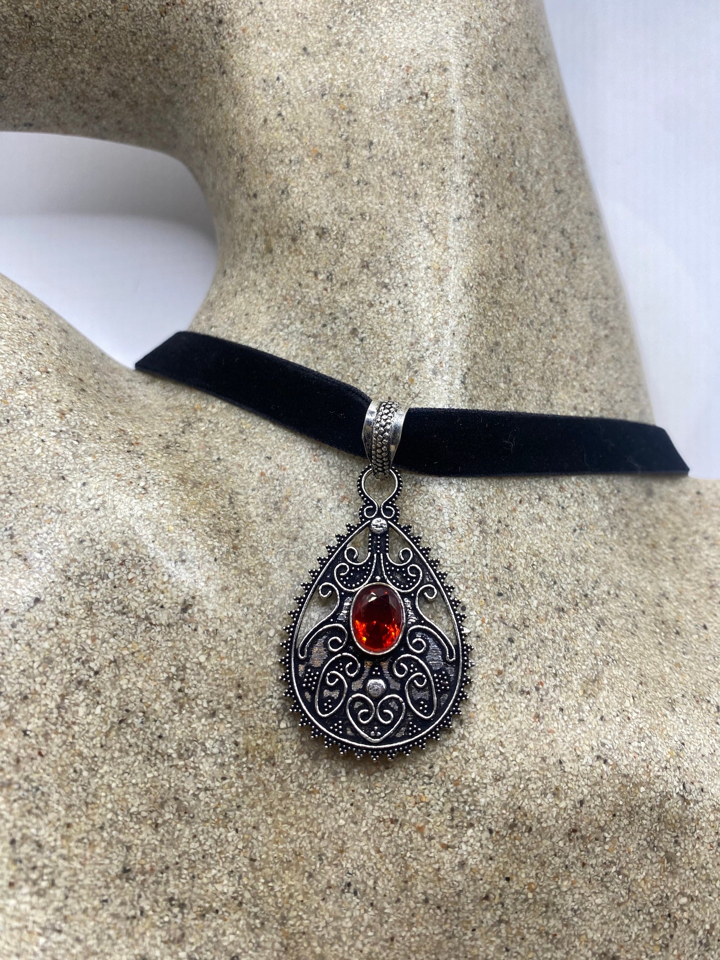 Vintage Red Glass Choker Silver Finished Necklace