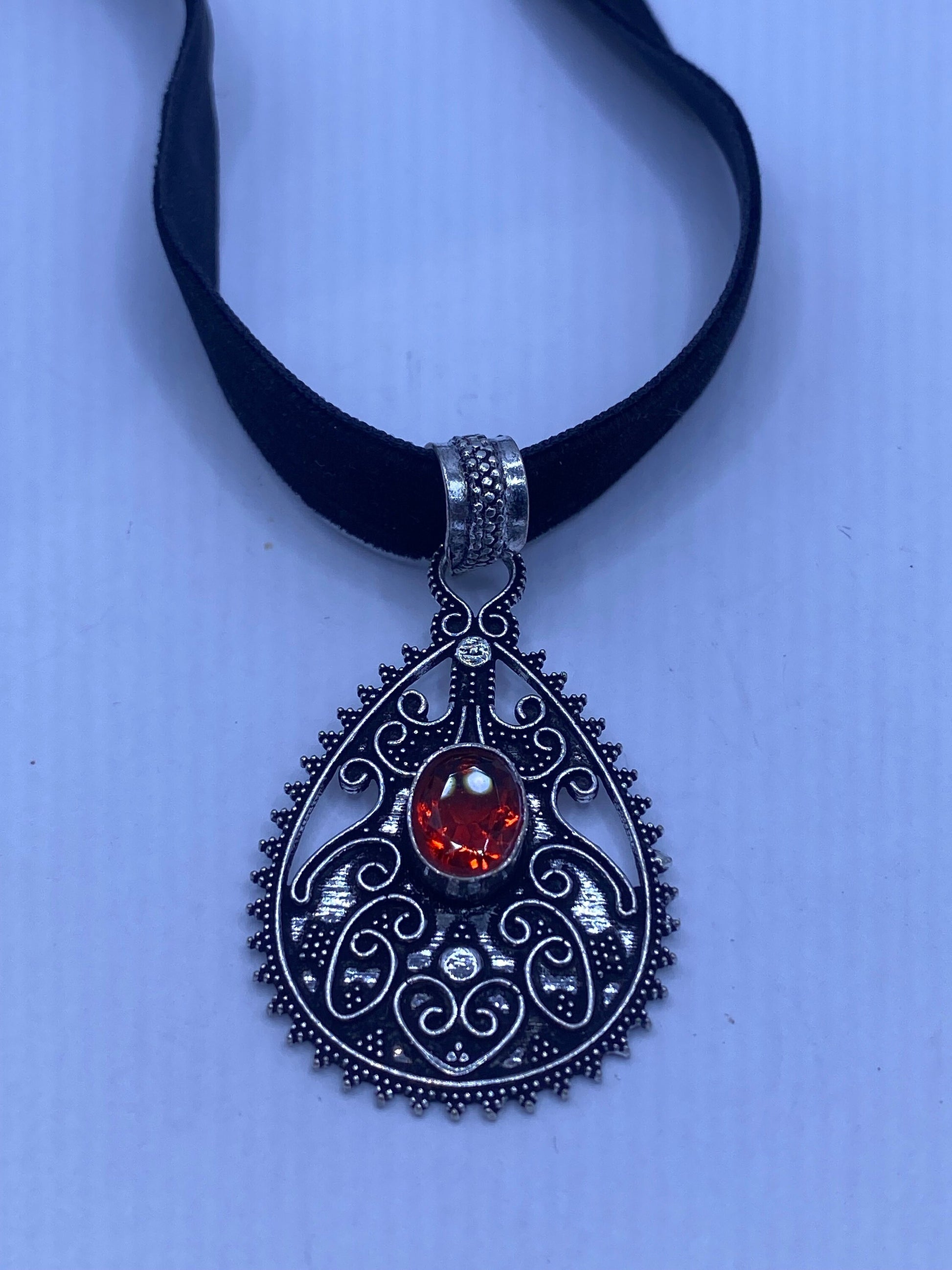 Vintage Red Glass Choker Silver Finished Necklace