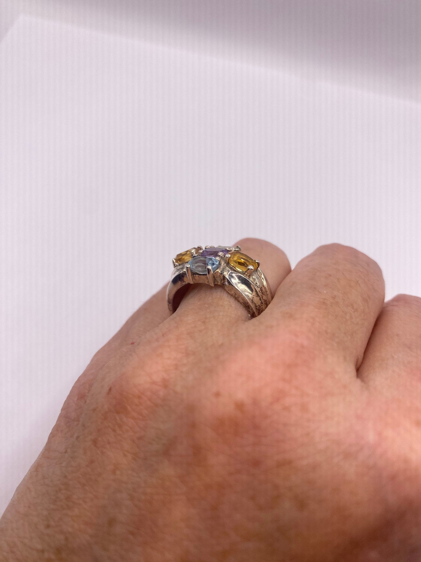 Vintage Mixed Genuine Gemstones 925 Sterling Silver Heart Cocktail Ring