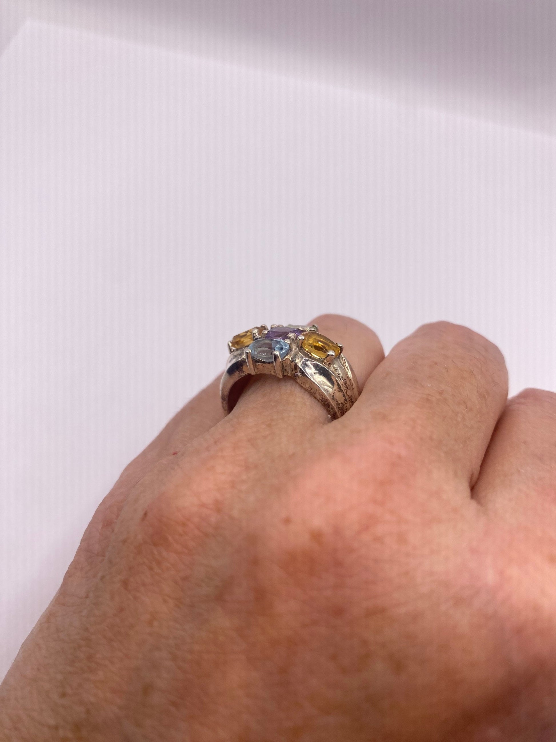 Vintage Mixed Genuine Gemstones 925 Sterling Silver Heart Cocktail Ring