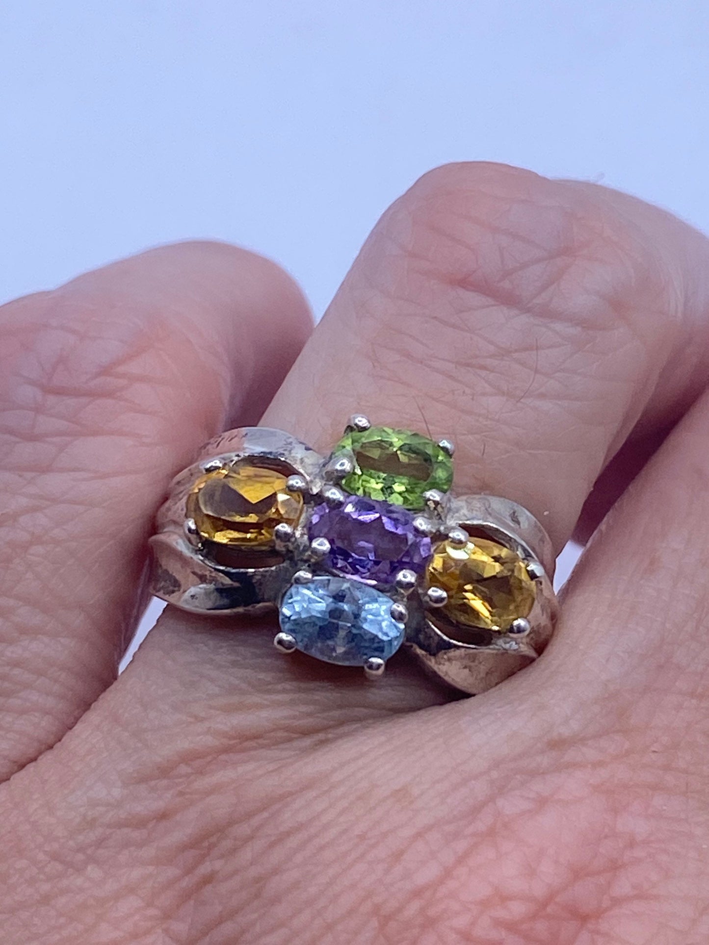 Vintage Mixed Genuine Gemstones 925 Sterling Silver Heart Cocktail Ring