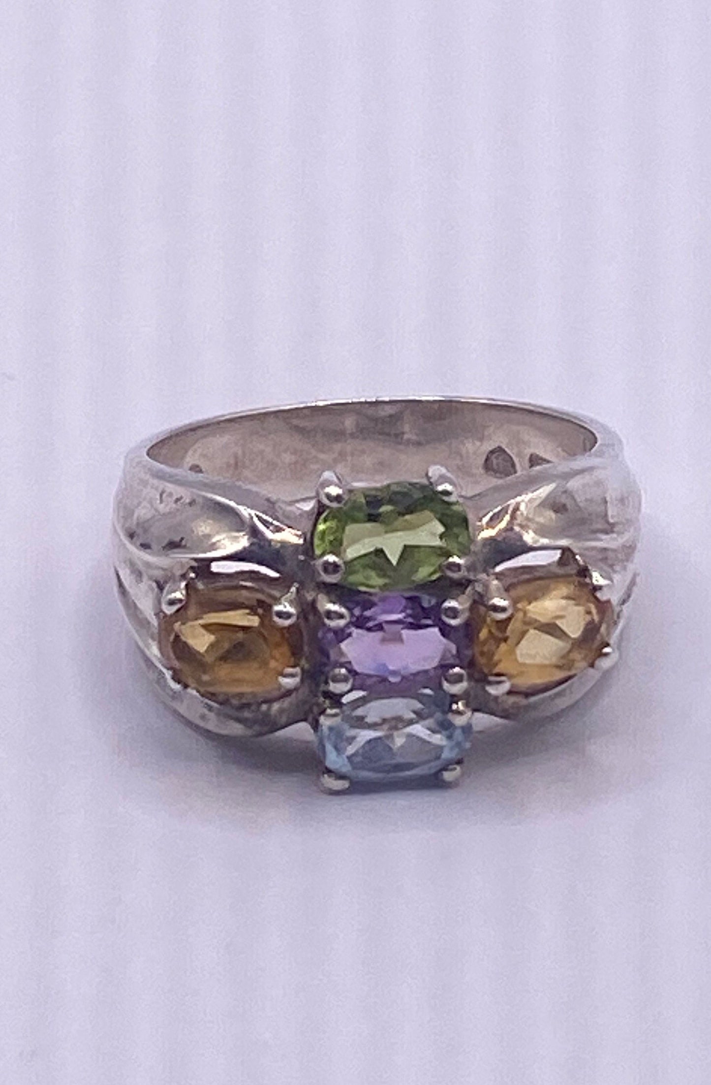 Vintage Mixed Genuine Gemstones 925 Sterling Silver Heart Cocktail Ring